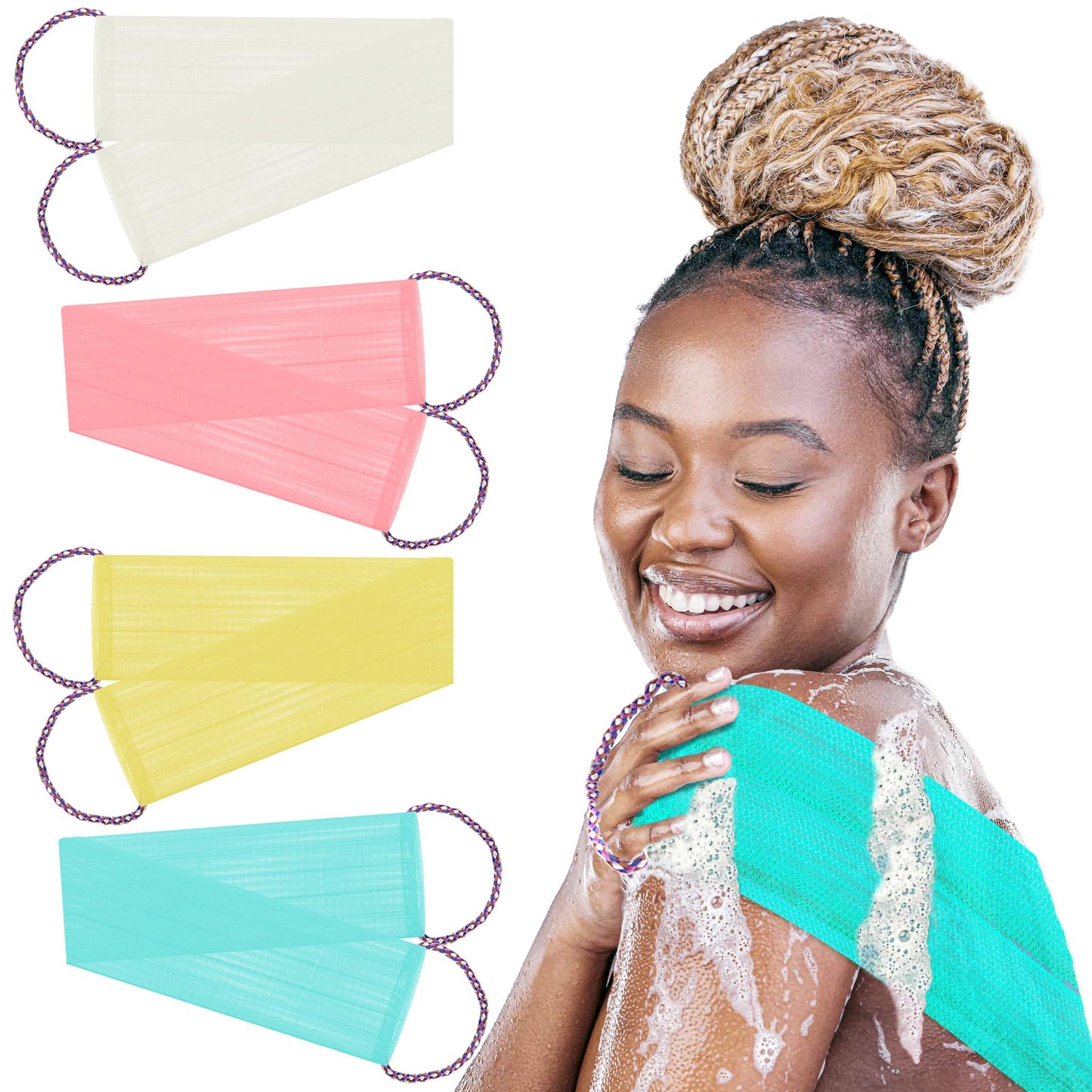 Little Booka (4-pack) African Net Sponge Sapo Sponge of Ghanaian tradition African Net Sponge with Handles African Bath Sponge Exfoliating Pink White Beauty and Personal Care Little Booka