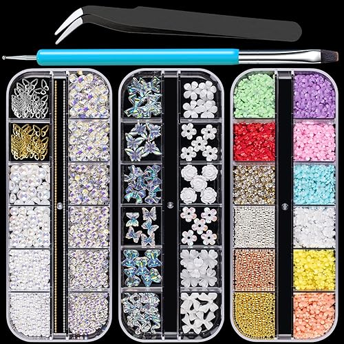Mixed 3D Nail Art Gem Decoration Accessories Kit #1, Aurora Bear Bow Butterfly Starry AB Rhinestone Charm Jewelry for Deco, Pearl Flower Caviar Bead Beauty & Personal Care BELLEBOOST