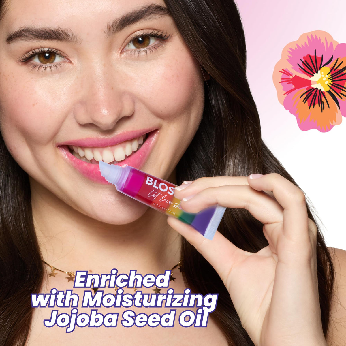Blossom Lip Gloss Tubes, Strawberry Scented Thick Clear High Shine Moisturizing Flower Lip Gel with Nourishing Jojoba Seed Oil, Infused with Real Beauty & Personal Care Blossom