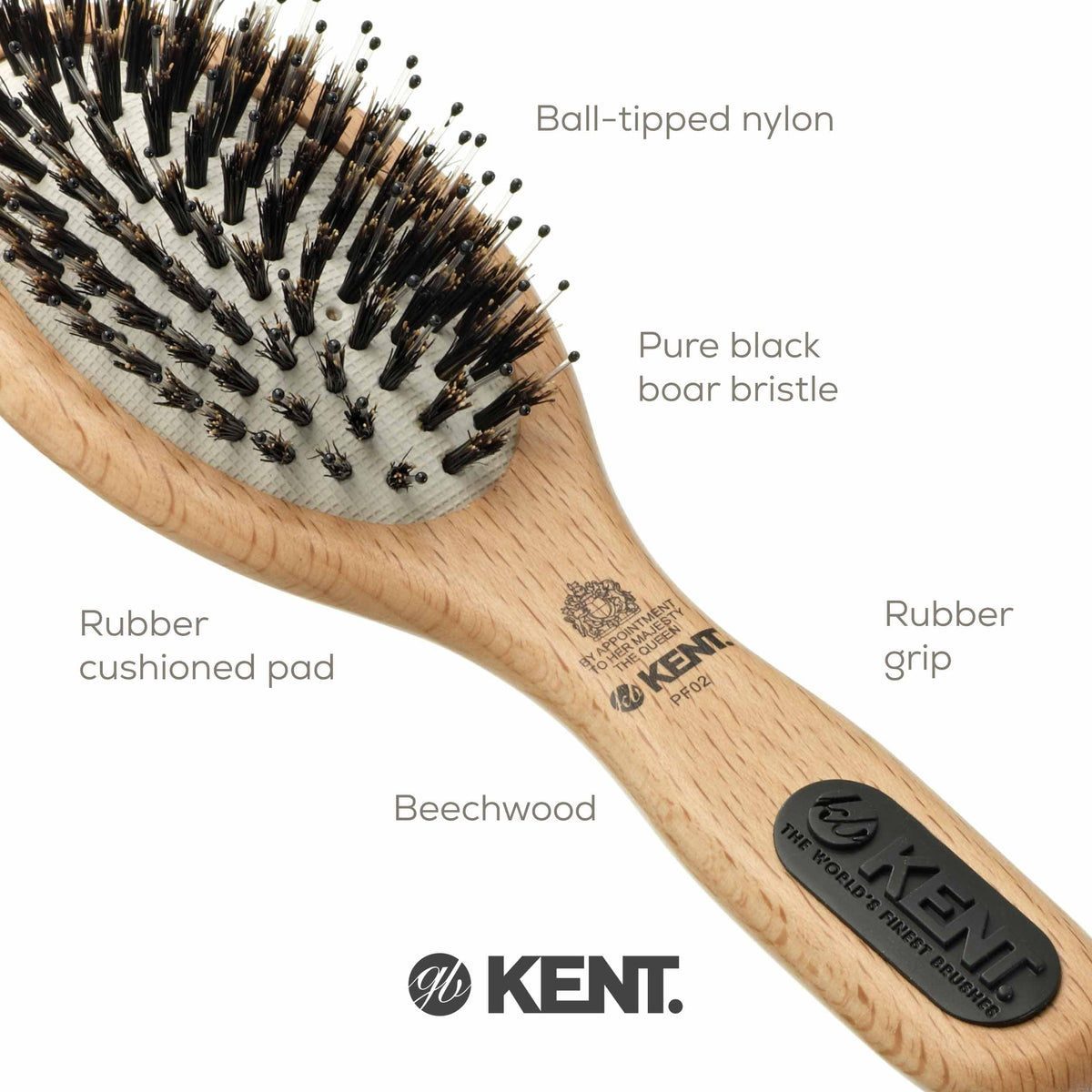 Kent PF02 Small Cushion Detangler Brush - Boar Bristle & Nylon Mix for Smoothing and Straightening Oval Wood Paddle for Medium to Long Hair