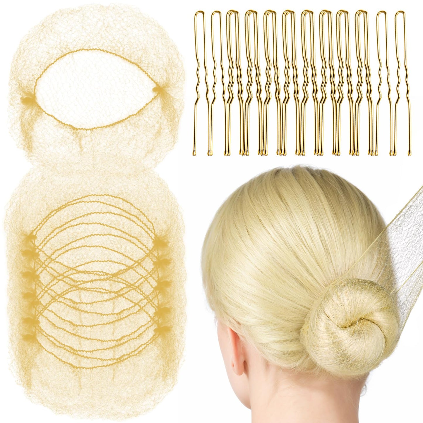 Fandamei 20PCS Hair Nets Invisible, Gold Elastic Edge Mesh, 20inch(50cm), for Bun & 40PCS U Shaped Hair Pins, Gold, 2.4inch(6cm), for Women, girls Beauty and Personal Care Fandamei Default Title