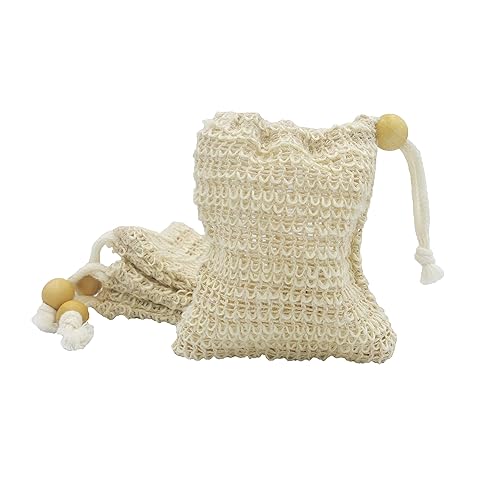 Bleu Bath (4 Pack) Exfoliating Loofah Pouch Sisal Ramie Soap Saver Bag with Drawstring and Wooden Bead Holder Beauty & Personal Care Bleu Bath