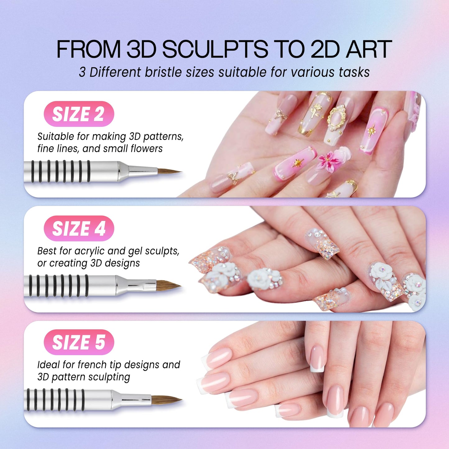 PANA 3D Kolinsky Acrylic Nail Art Sculpture Brush with Silver Metal Non-Slip Grip Handle for Manicures 3D Nail Art Flower Designs (Size #4) Beauty & Personal Care PANA