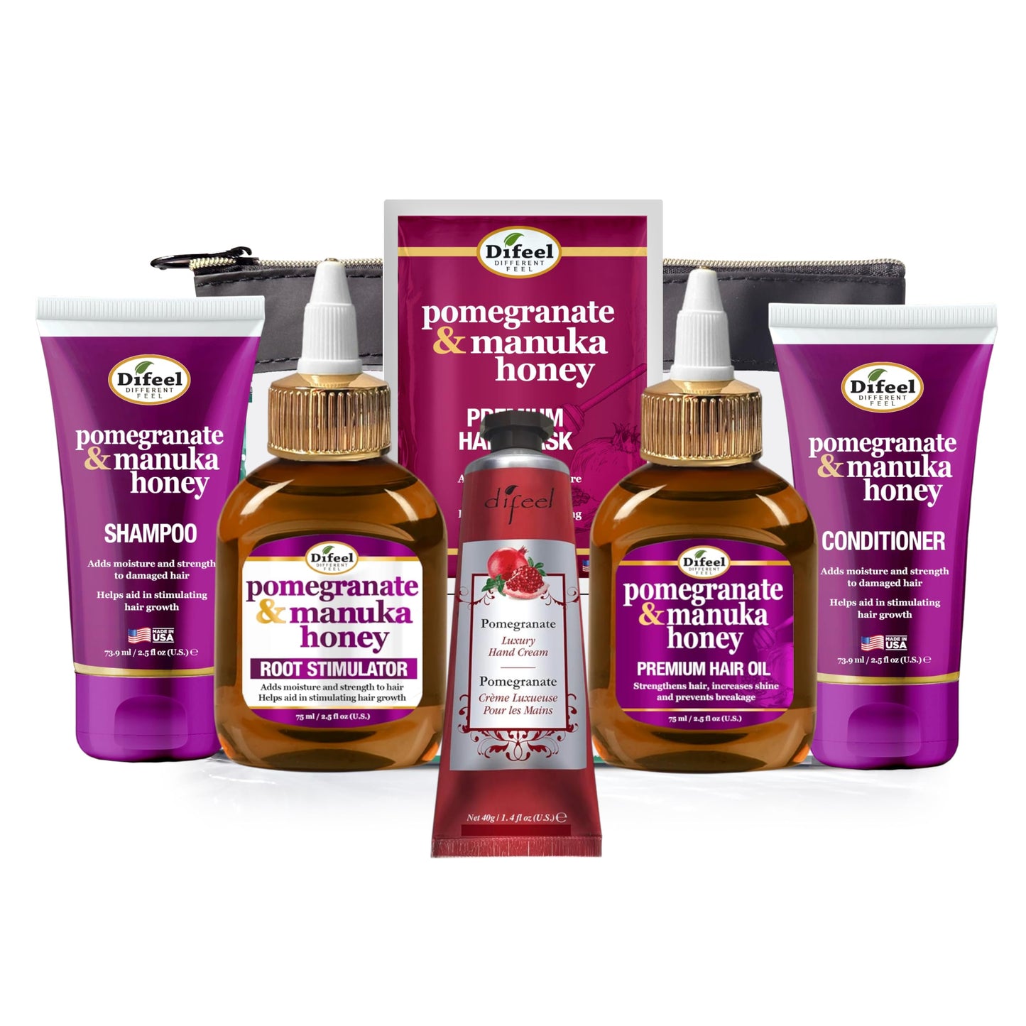 Difeel Pomegranate & Manuka Honey 6-Piece Travel Hair Care Set - Sulfate-Free Shampoo, Conditioner, Hair Oil, Root Stimulator & Deep Conditioning Mask Beauty & Personal Care Difeel
