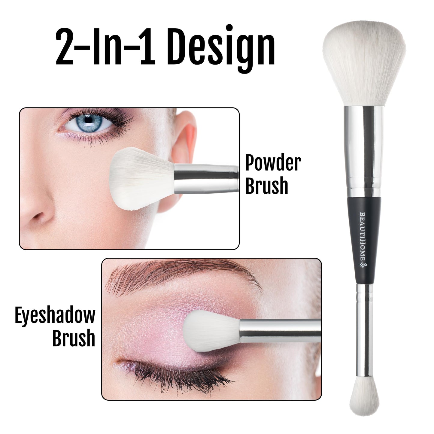 BeautiHome Makeup Brush -2-in1 Eye Blending & Powder Brush - Double-Ended Make Up Applicator Tool for Eyeshadow - vegan, white Beauty & Personal Care BeautiHome