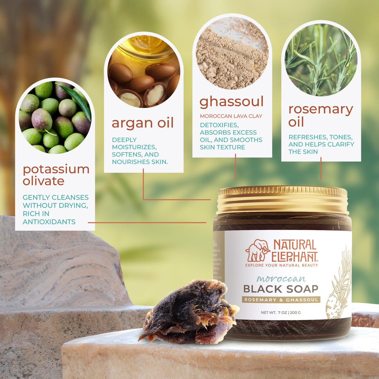 Natural Elephant Moroccan Black Soap 7oz Traditional Hammam Beldi Soap 100% Natural for exfoliating and cleansing (Rosemary Essential Oil and Ghassoul Beauty & Personal Care Natural Elephant