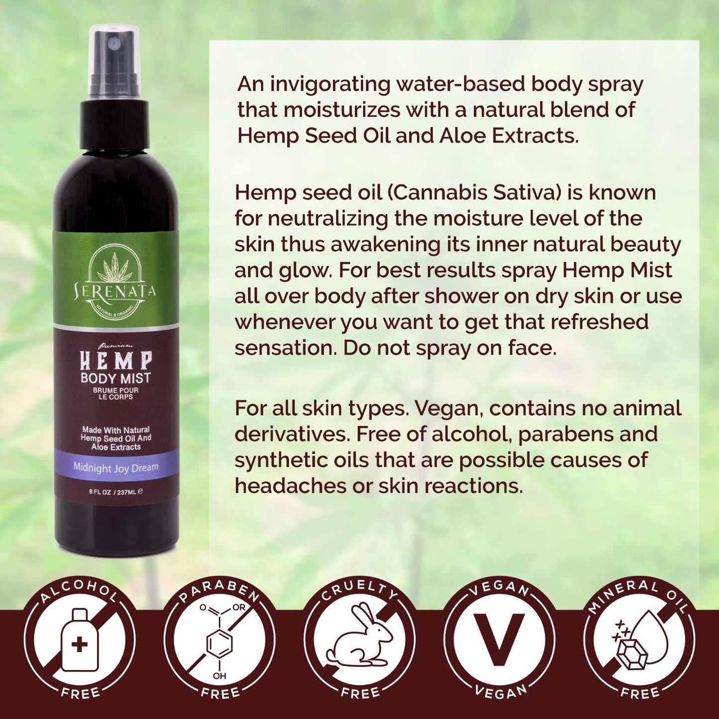 Natural and Organic Fragrance 8 Oz Body Mist Spray by Serenata - Vegan, Alcohol and Paraben Free, Headache Free, with Hemp Seed Oil and Aloe EDP Beauty & Personal Care Serenata