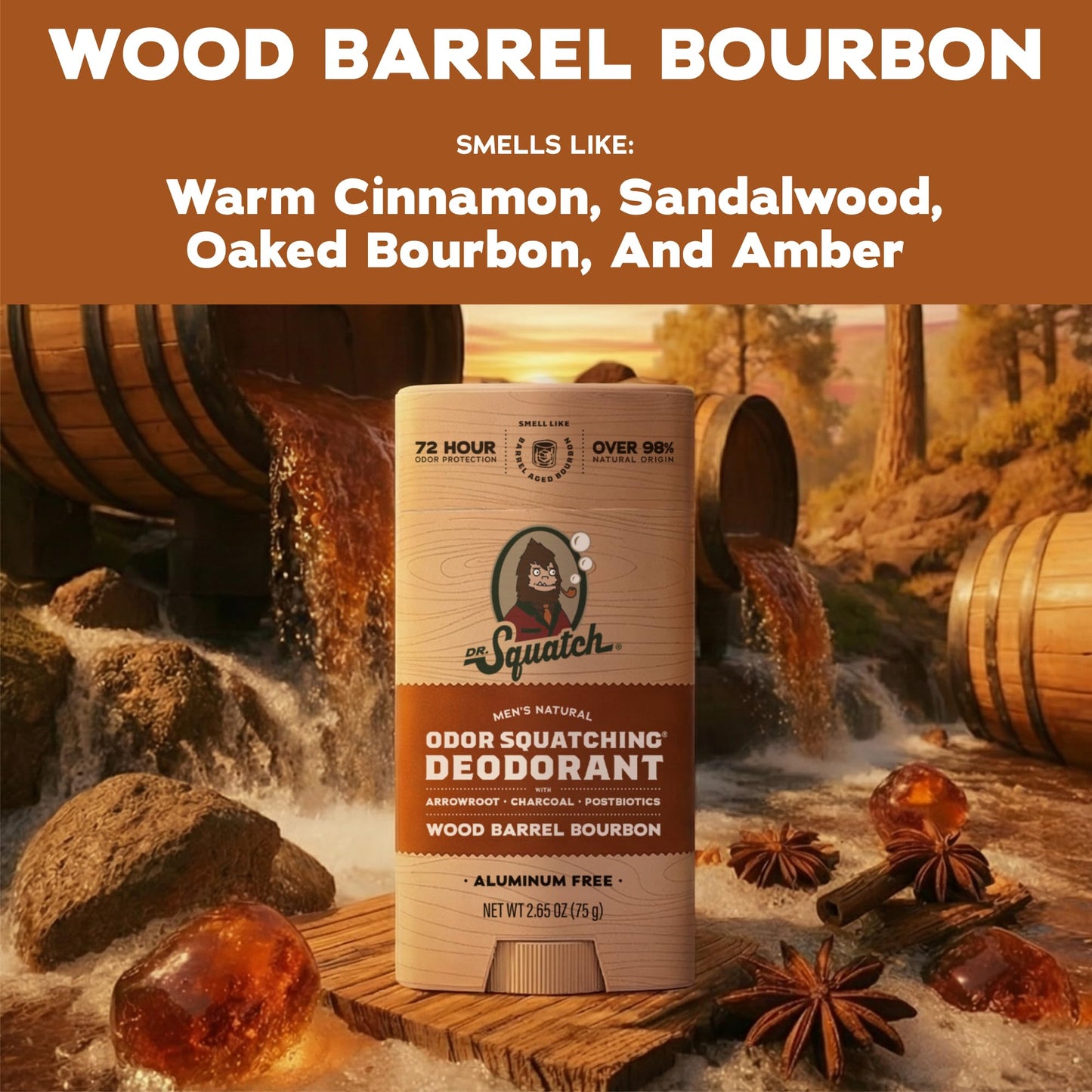 Dr. Squatch Natural Men’s Deodorant - Aluminum Free Natural Deodorant Men with Charcoal & Postbiotics for 72-Hour Odor Protection - Wood Barrel Beauty and Personal Care Dr. Squatch