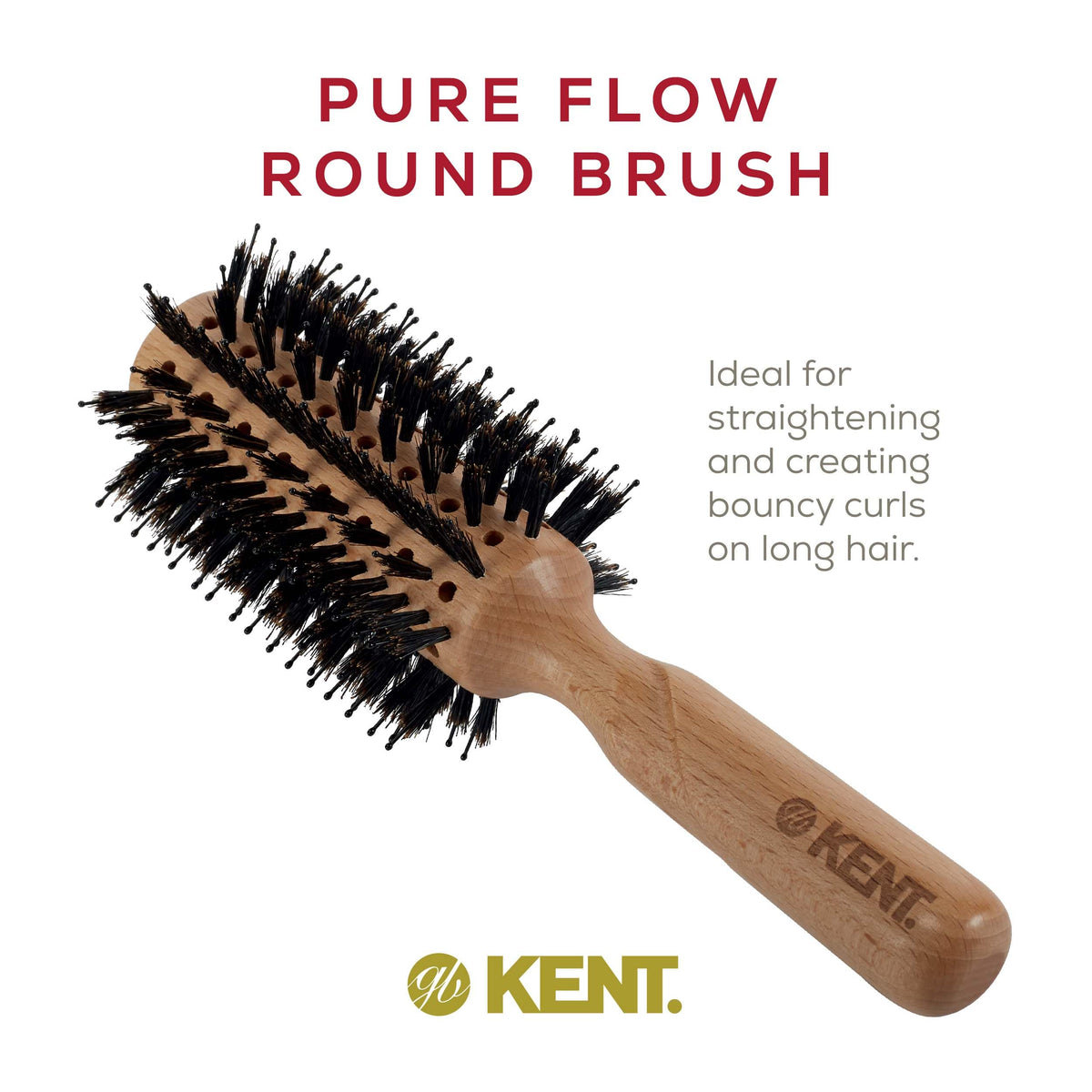 Kent LPF5 Pure Flow Large Vented Round Brush for Blow Drying - FSC Certified Beech Wood Brush Filled with Natural Boar Bristle and Nylon Bristle Hair