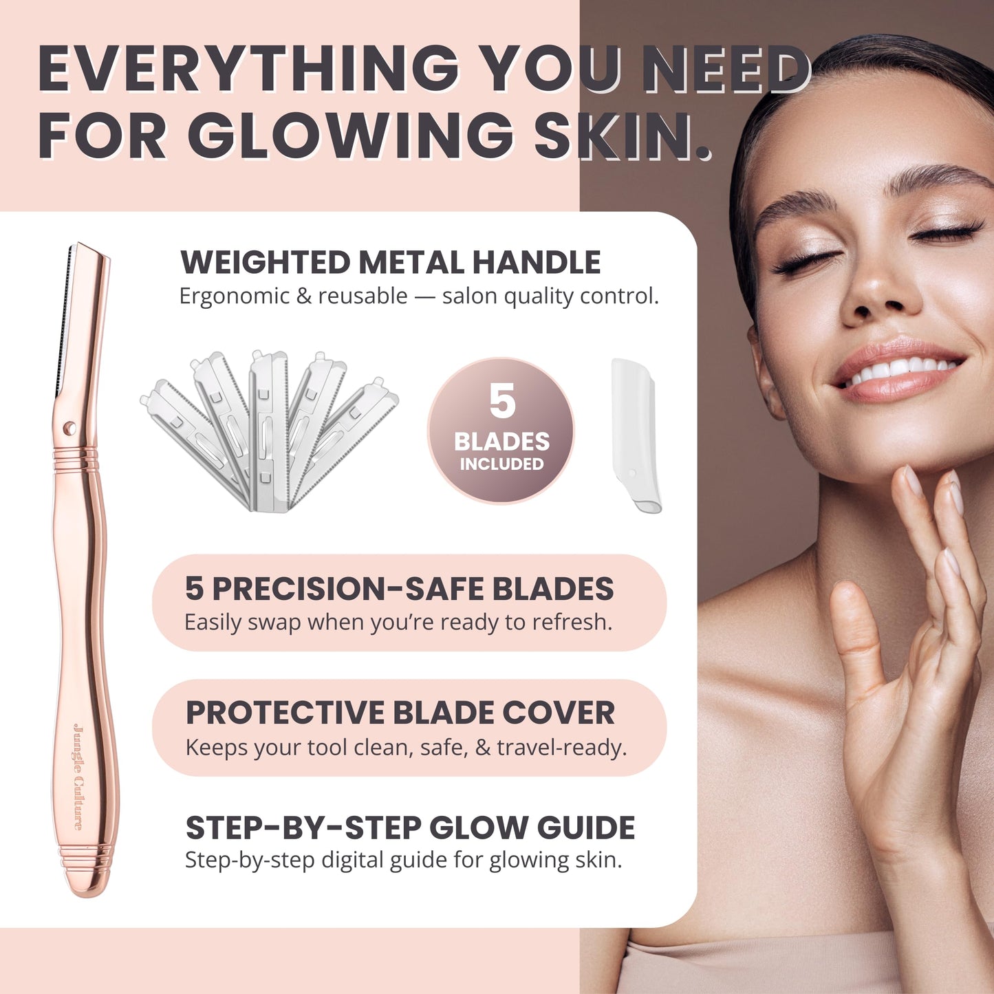 Jungle Culture Dermaplaning Tool - Facial Razor for Women with 5 Refill Blades - Reusable Eyebrow Shaper & Exfoliator - Rose Gold Beauty and Personal Care Jungle Culture