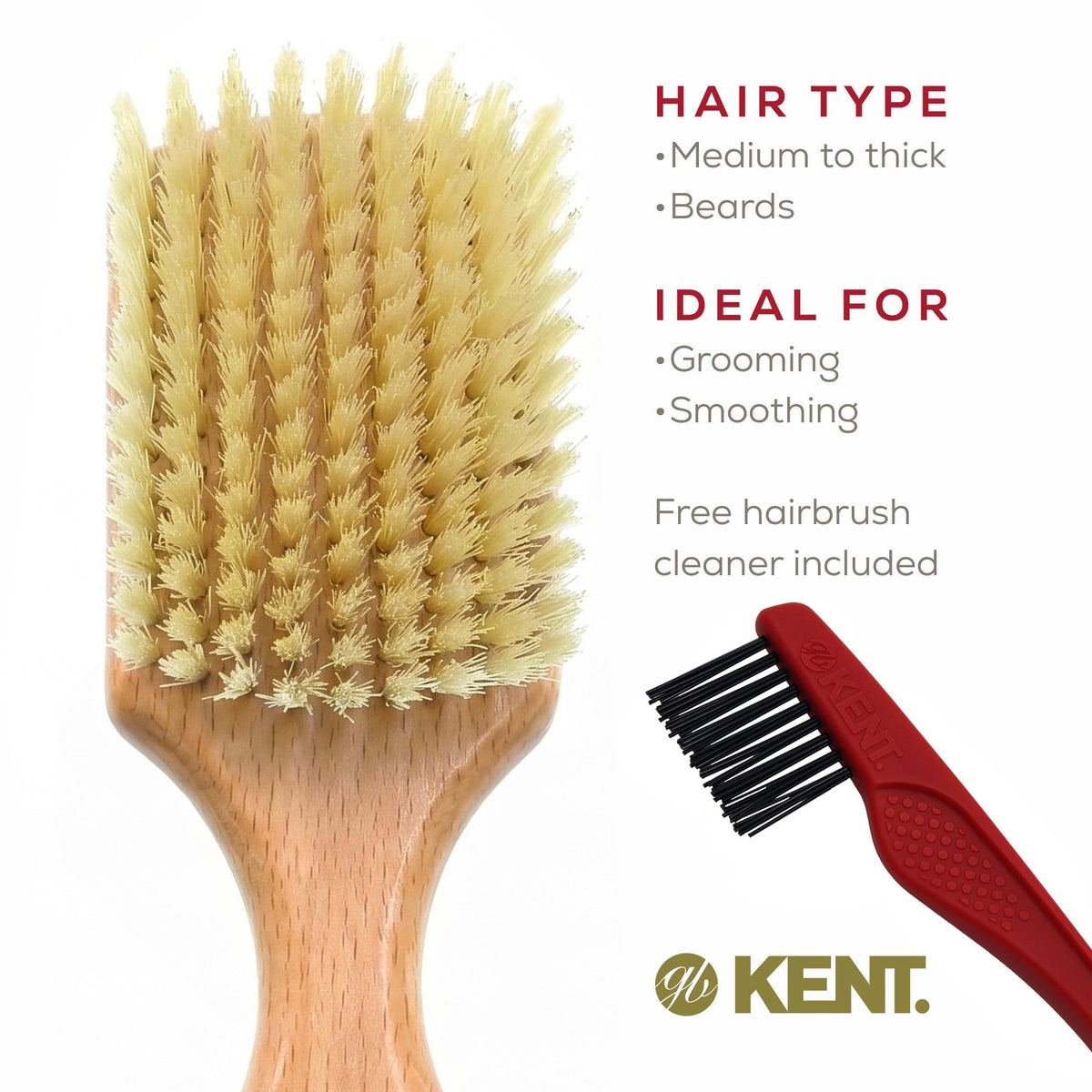 Kent OG2S Beechwood Soft Bristle Hair and Facial Brush for Beard Care - Exfoliating Soft White Natural Boar Bristle Brushs for Mens Grooming, Hair