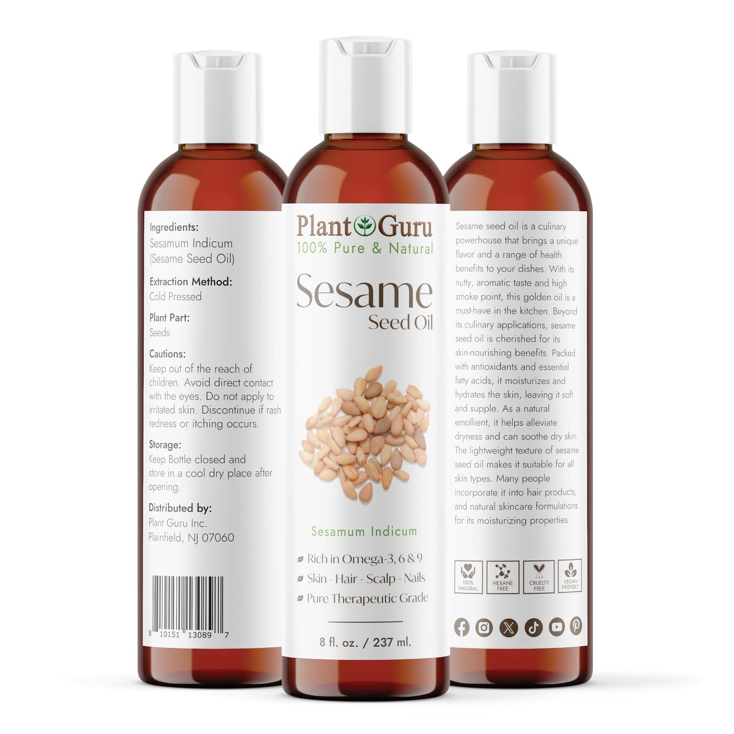 Sesame Seed Oil 8 fl. oz. - Cold Pressed, 100% Pure & Natural Carrier for Skin, Face, Body, Hair, and Cooking. Great for DIY Creams, Lotions, and Lip Beauty & Personal Care Plant Guru