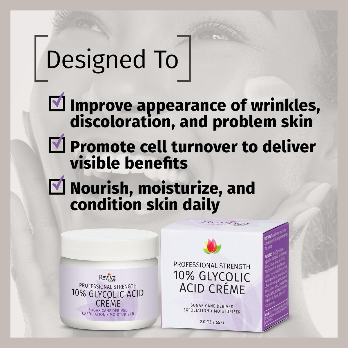 Reviva Labs 10% Glycolic Acid Creme Daily Moisturizer and Mild Exfoliant - Natural Sugar Cane Derived Alpha Hydroxy Acid Face Cream, Acido Glicolico Beauty & Personal Care Reviva Labs