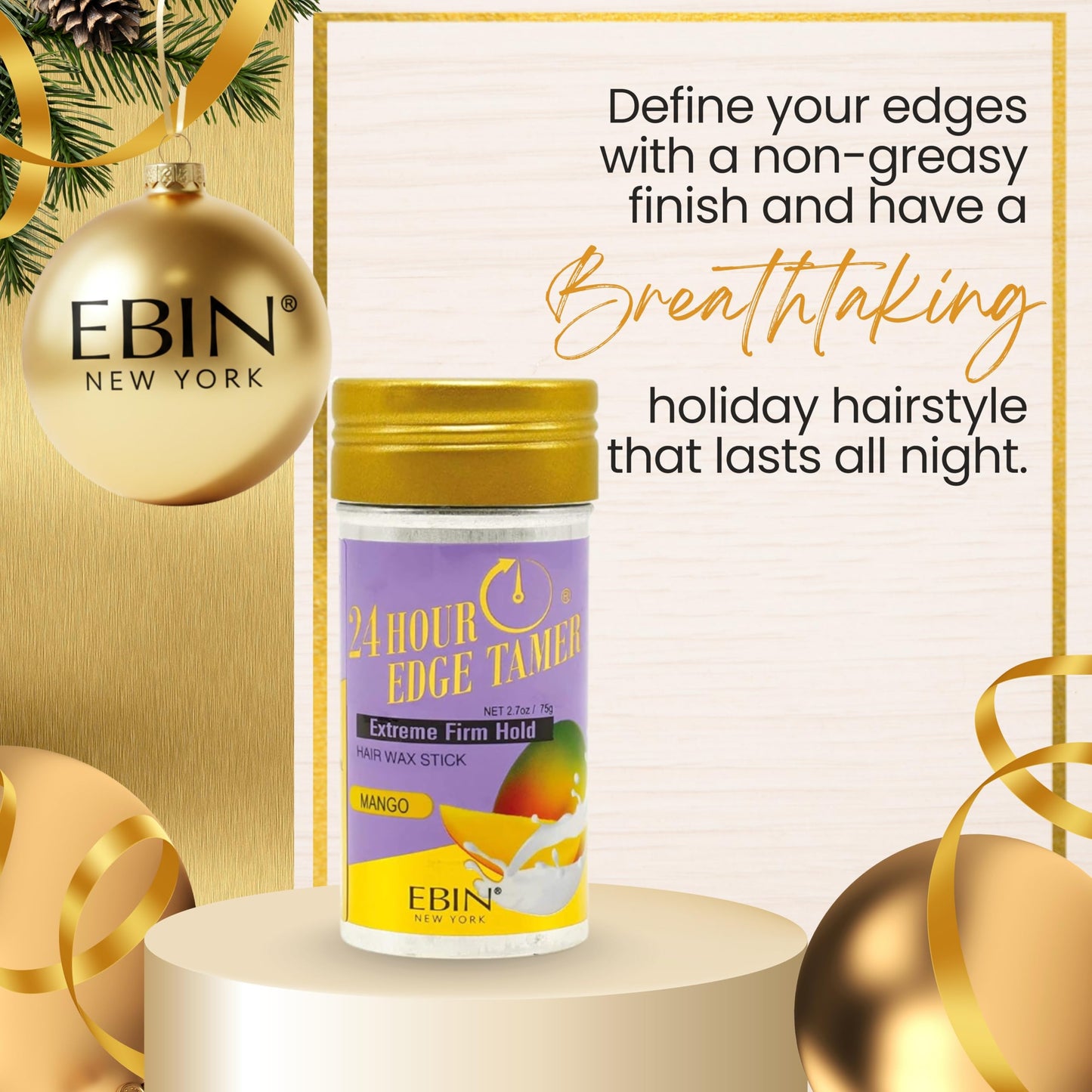EBIN NEW YORK 24 Hour Edge Tamer Hair Sleek Stick, Extreme Firm Hold, 2.7 oz, Mango - Sleek & Go, No Flaking and White Residue Beauty & Personal Care EBIN NEW YORK