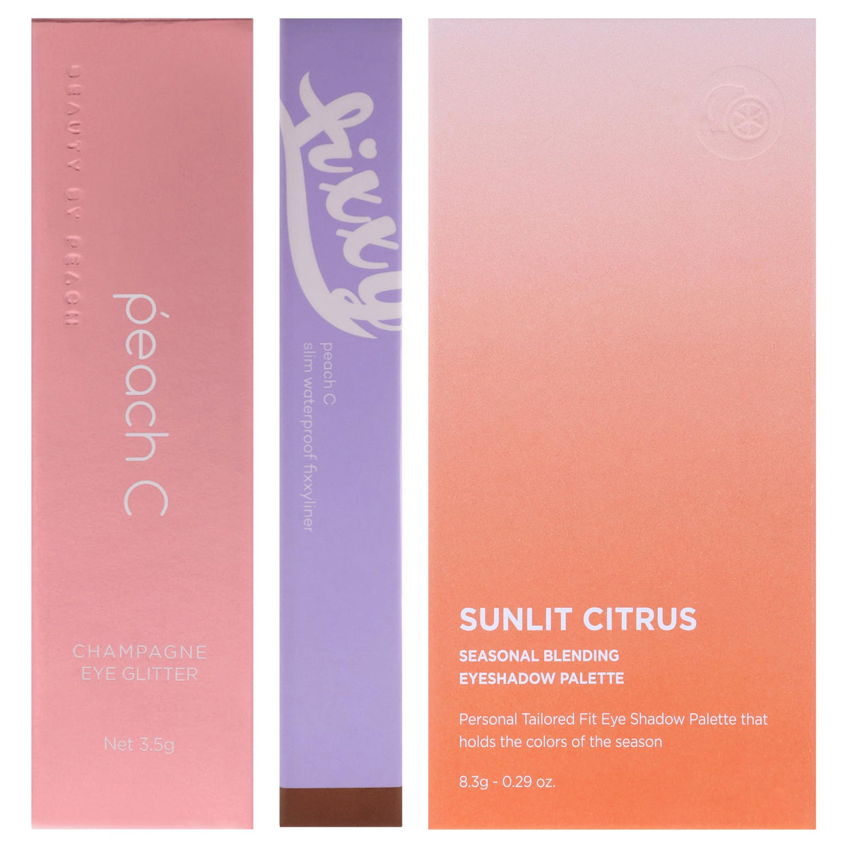Peach C Kit by Peach C for Women - 3 Pc Kit 0.12oz Eye Shadow - 01 Pure White, 0.04 Eyeliner - 03 Soft Brown, 0.29oz Eye Shadow - 04 Sunlit Citrus