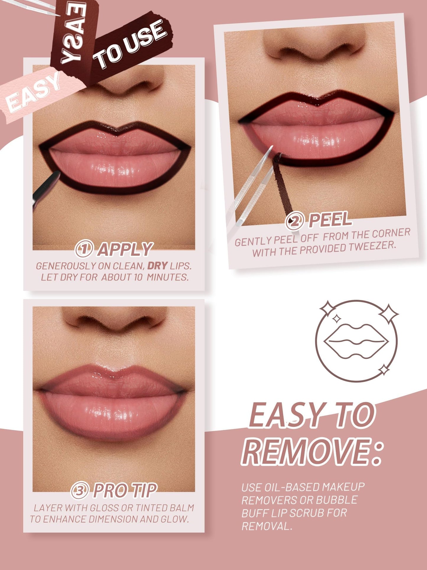 QCMME Lip Stain Peel Off Lip Liner Stain with Tweezer, Long Lasting Matte Lip Tint Tattoo, Highly Pigmented Color Lip Makeup, Waterproof Lipstick Beauty and Personal Care QCMME