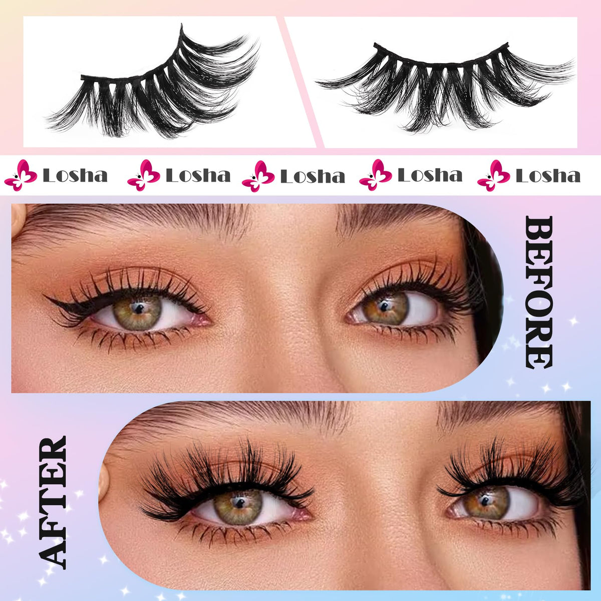 Losha 25mm Lashes 3D Faux Mink Lashes Fluffy Volume Eyelashes Thick Crossed Luxurious Soft Wispy Lashes Pack 4 Pairs Dramatic Eye Makeup (45A) Beauty & Personal Care Losha