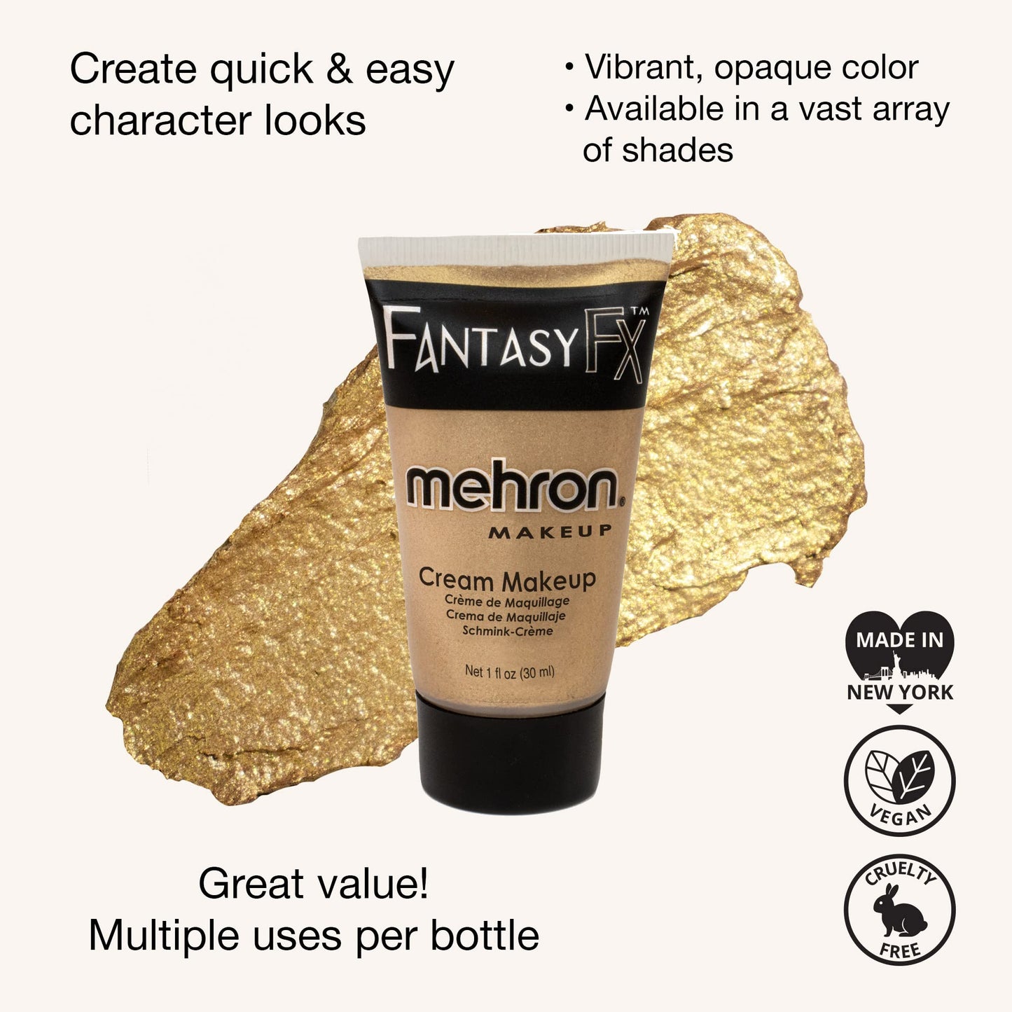 Mehron Makeup Fantasy FX Cream Makeup | Water Based | Halloween | Gold Face & Body Paint For Adults 1 fl oz (30ml) (Gold) Beauty & Personal Care Mehron