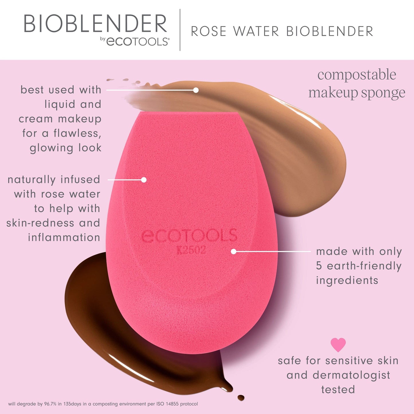 EcoTools Rose Water Bioblender, Compostable Makeup Blending Sponge, For Liquid & Cream Foundation, Base Coverage, Anti-inflammatory Ingredients, Pink Beauty & Personal Care EcoTools