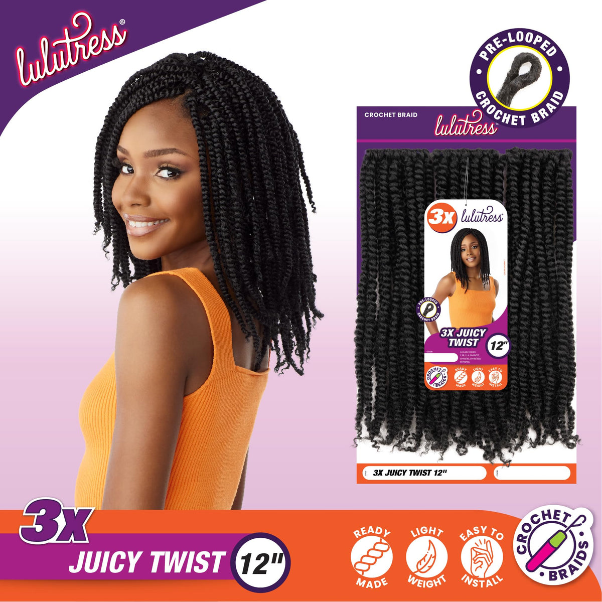 Sensationnel Lulutress Crochet Braids-3X Juicy Twist,12in, 2 DARKBROWN