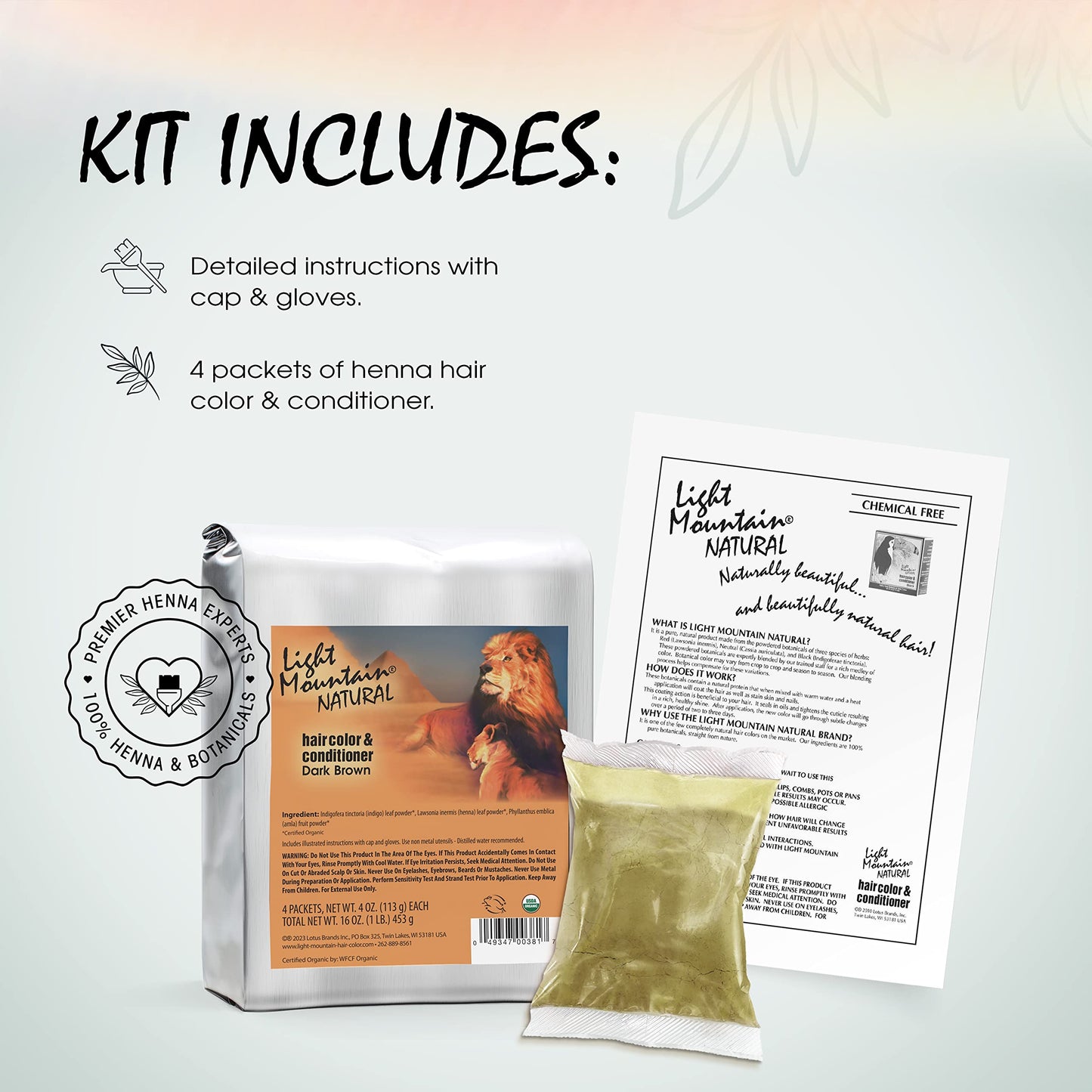 Light Mountain Henna Hair Color & Conditioner, Bulk 1 Pound - Dark Brown Hair Dye, Organic Henna Leaf Powder and Botanicals, Chemical-Free Beauty & Personal Care LIGHT MOUNTAIN