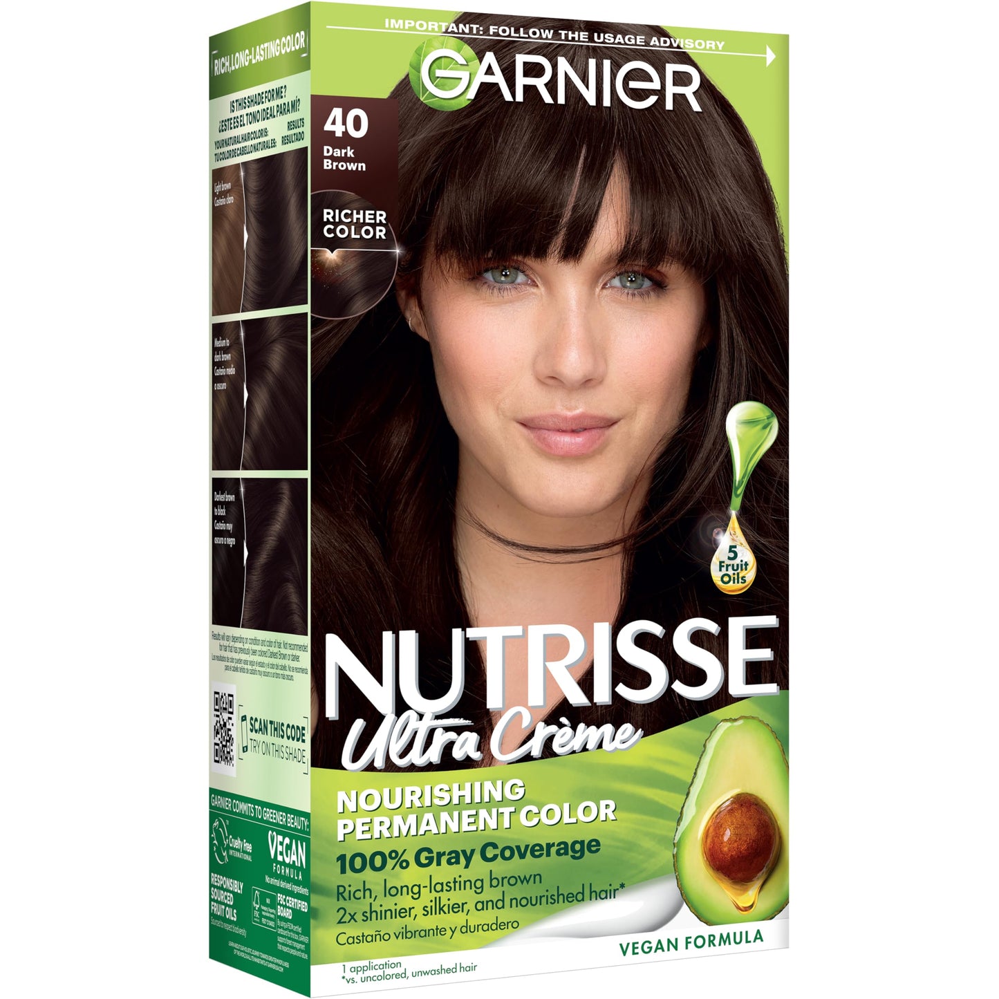 Garnier Nutrisse Ultra Crème Hair Color, Permanent Hair Dye with 100% Gray Coverage, Vegan & Cruelty-Free, 40 Dark Brown (Dark Chocolate), 1 Count Beauty & Personal Care Garnier