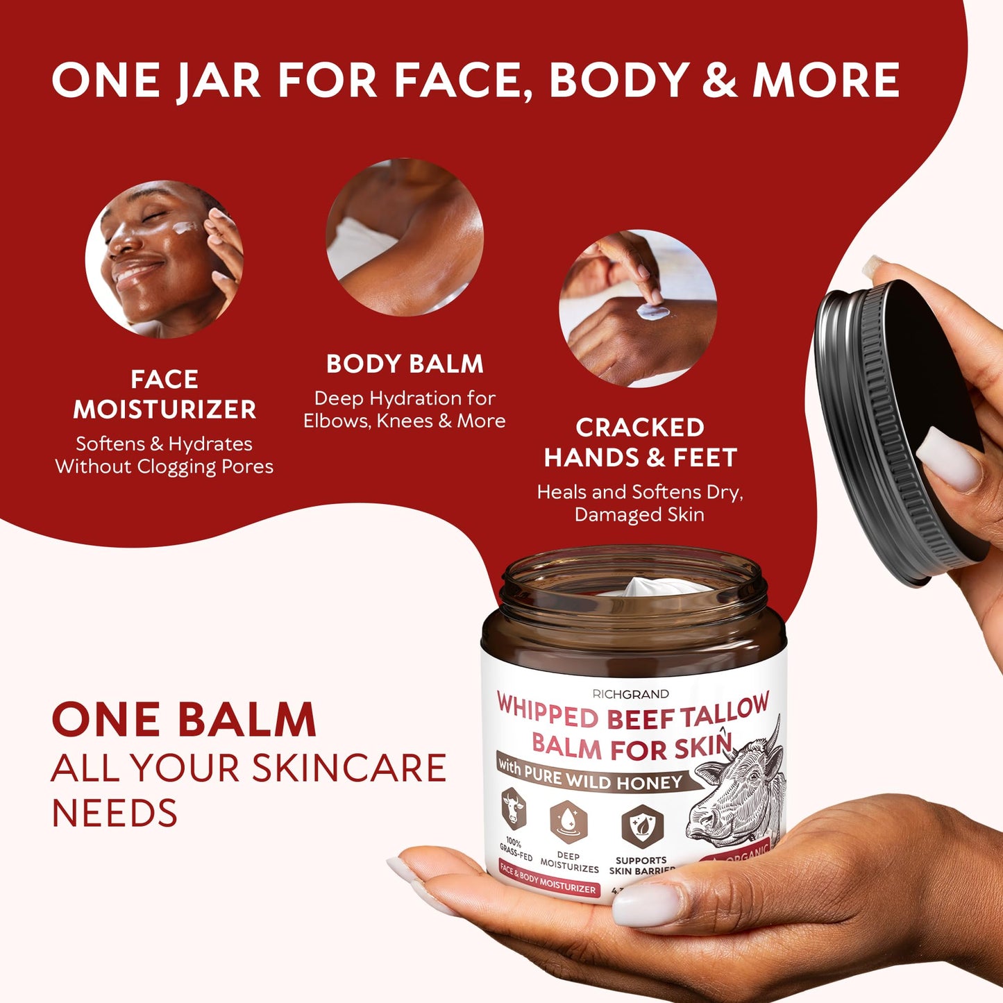 RICHGRAND Beef Tallow for Skin - Whipped Tallow and Honey Balm - Grass Fed Beef Tallow for Face, Daily Moisturizer & Body Butter - Natural Non Beauty and Personal Care RICHGRAND
