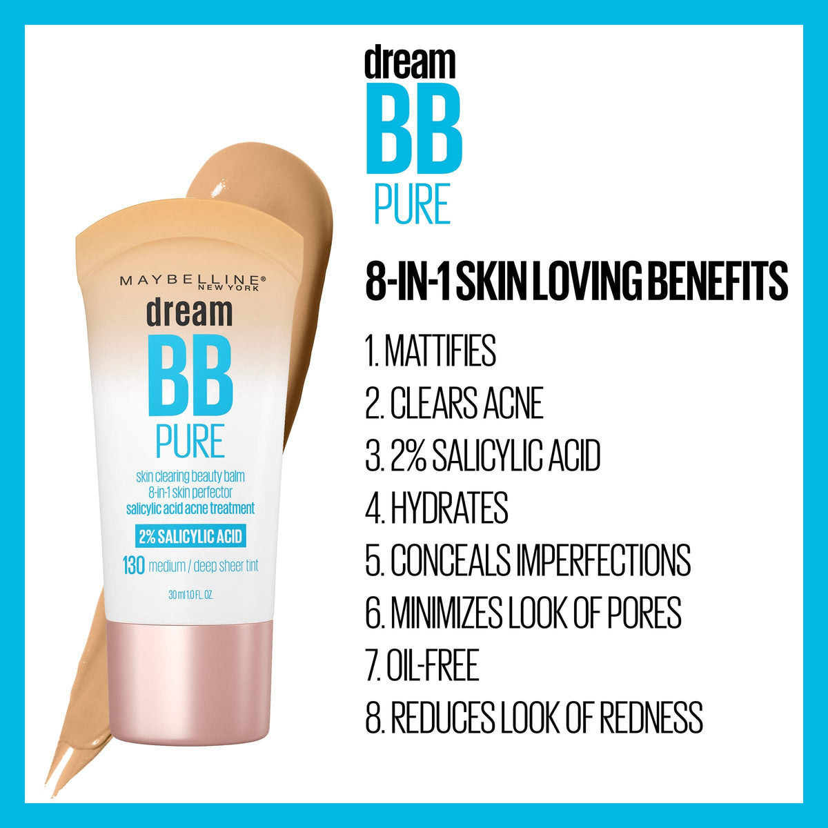 Maybelline Dream Pure Skin Clearing BB Cream, 8-in-1 Skin Perfecting Beauty Balm With 2% Salicylic Acid, Sheer Tint Coverage, Oil-Free, Light, 1 Count Beauty & Personal Care MAYBELLINE