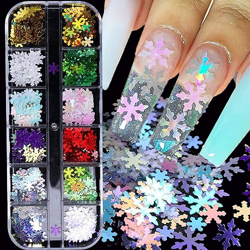 Snowflake Glitter Nail Sequins - 12 Grids 3D Colorful Christmas Holographic Nail Flakes Glitter Confetti Sticker Decals Manicure Nail Design Makeup Beauty & Personal Care Qdsuh