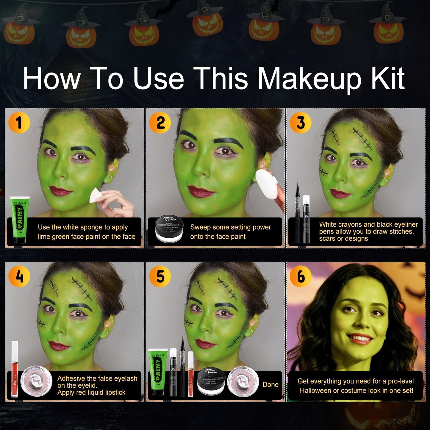 Halloween Witch Makeup Set, Includes Green Face Body Paint, Black Eyeliner, False Eyelashes, Red Lipstick, Setting Powder, Sponge - SFX Face Painting Beauty & Personal Care obullights