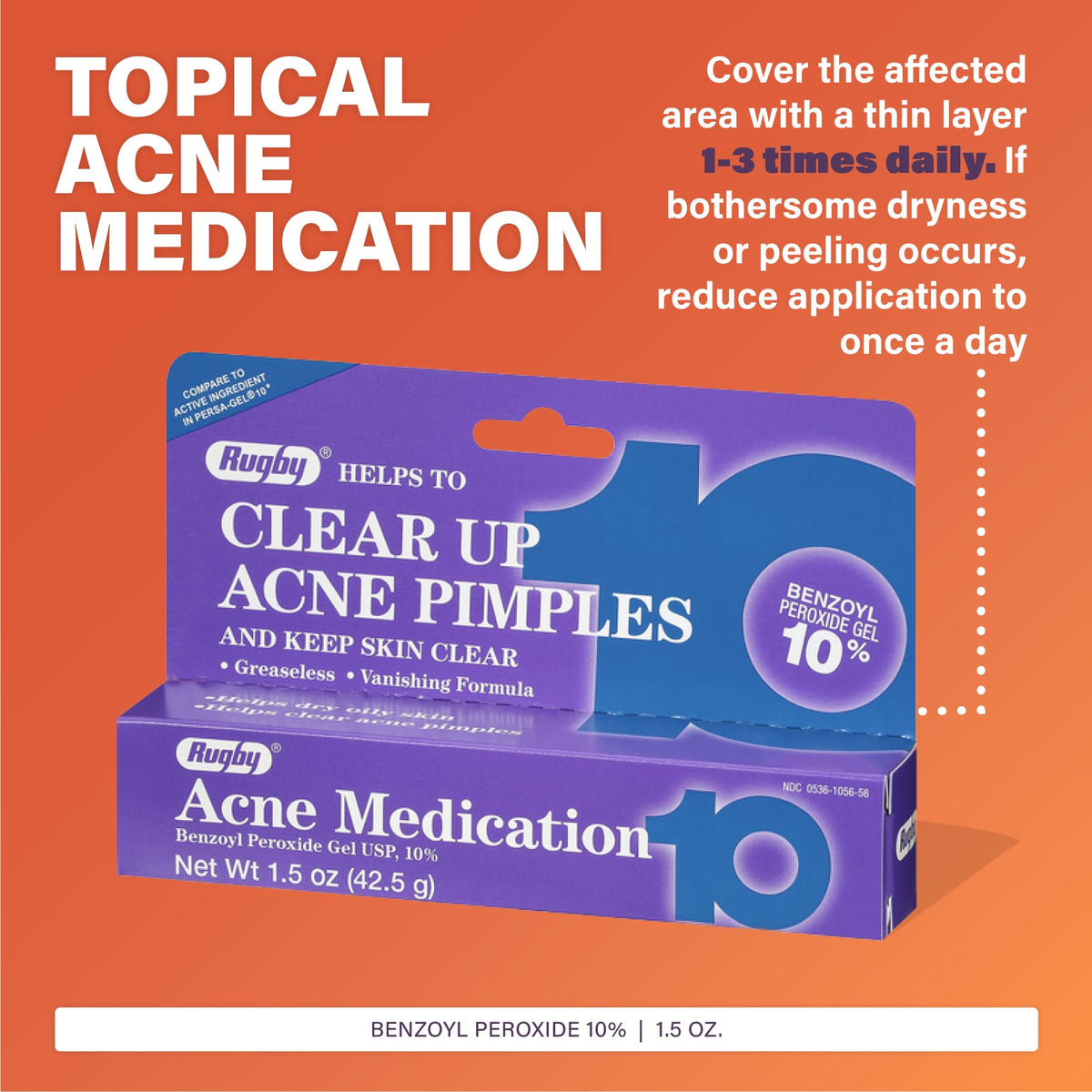 Rugby Acne Medication Benzoyl Peroxide Gel USP, 10% - Clear Up Acne Pimples - Greaseless, Vanishing Formula - 1.5 Oz (42.5g) - 12 Pack