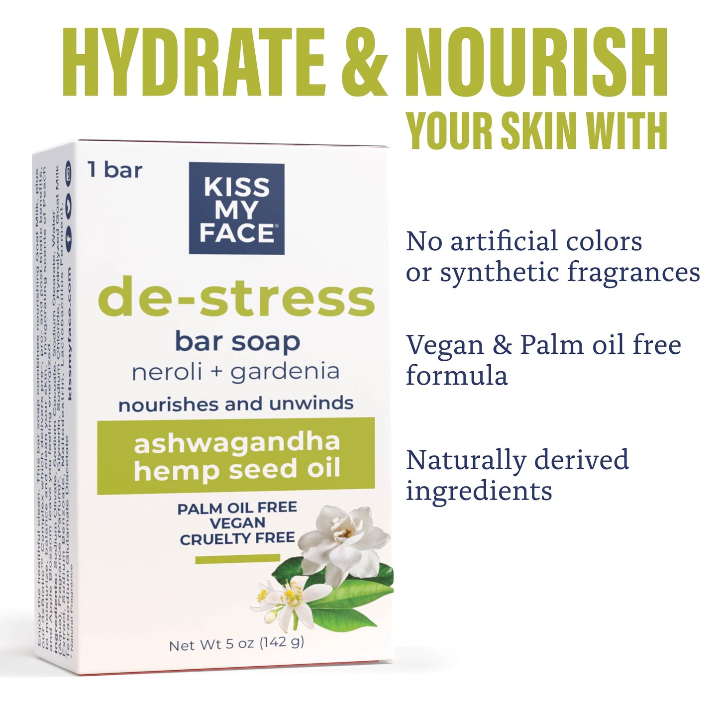 Kiss My Face De-Stress Bar Soap - Neroli + Gardenia - Vegan Soap Bar with Hemp Seed Oil - Cruelty Free and Palm Oil Free Bath Soap (Neroli + Gardenia Beauty & Personal Care Kiss My Face