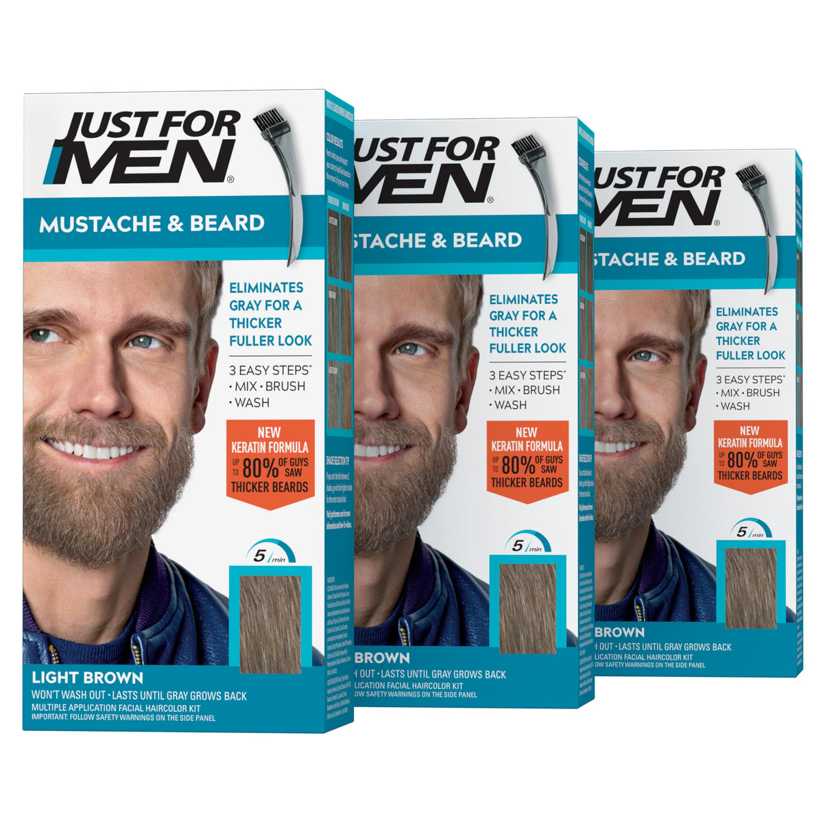 JUST FOR MEN Mustache & Beard Dye, Keratin, Light Brown M-25 (3 Pack)
