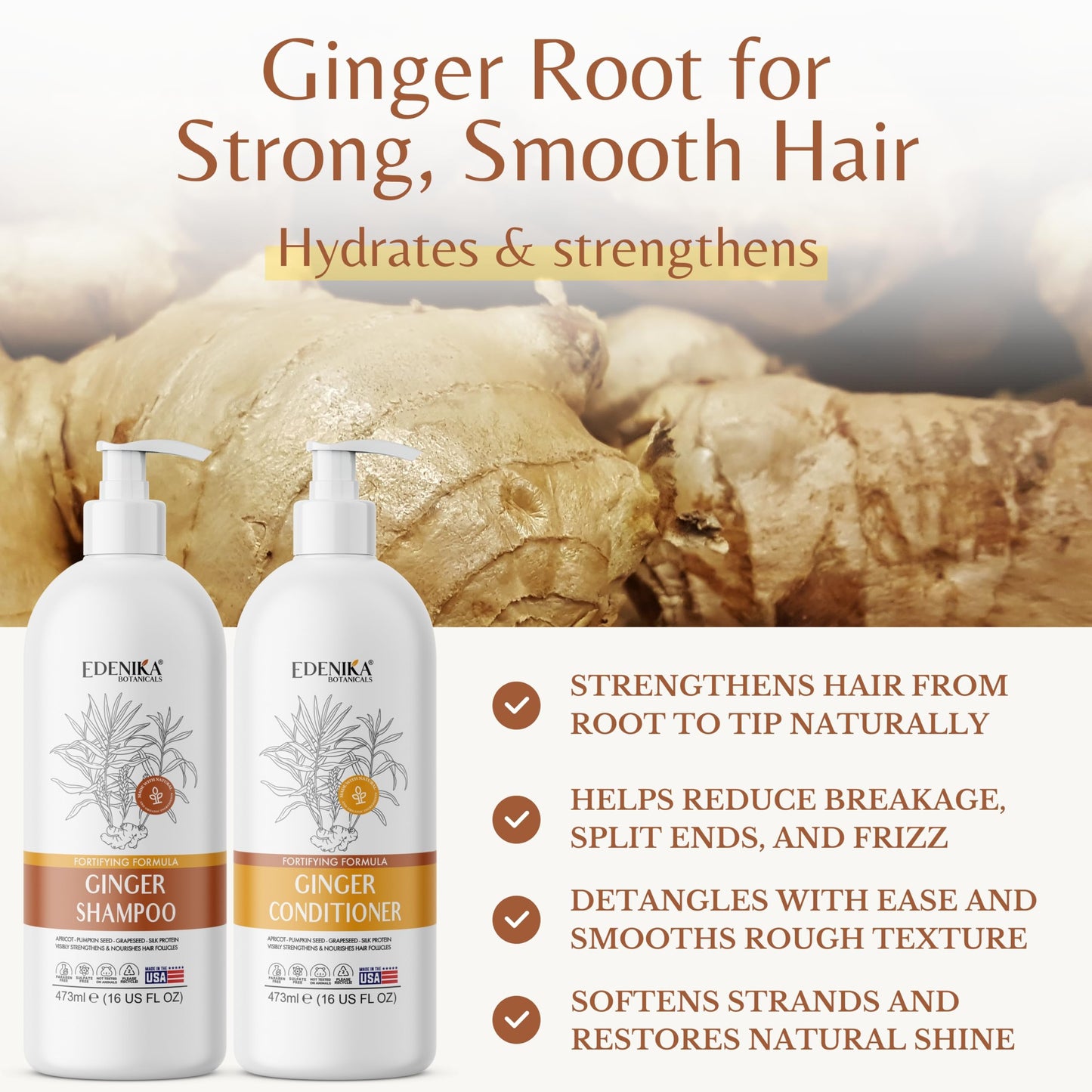 Edenika Botanicals Ginger Shampoo and Conditioner Set, Fortifying Formula with Certified and Organic Ingredients Naturally Nourish, Smooth Beauty & Personal Care EDENIKA BOTANICALS