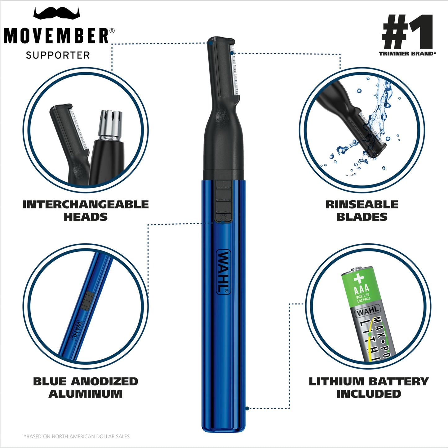 Wahl Lithium 2 in 1 Battery Pen Detail Touch Up Trimmer for Nose, Ear, Neckline, Eyebrow, & Other Detailing - Blue - by The Brand Used by Beauty and Personal Care Wahl