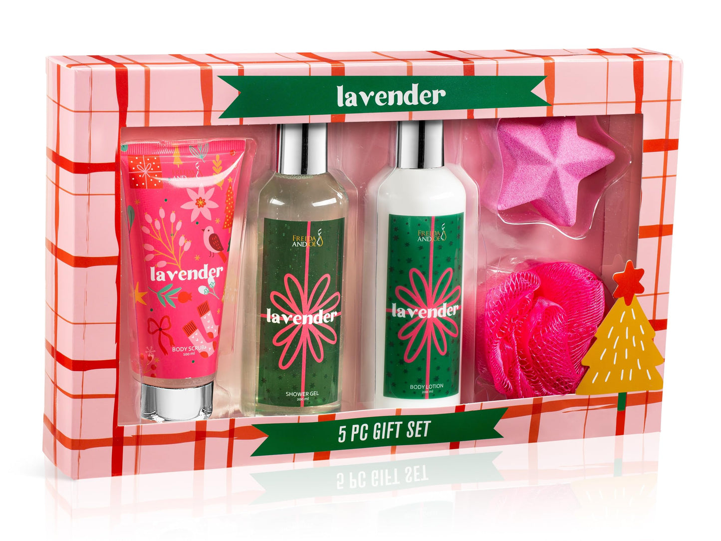Fragrance Bath & Body Collection Gift Box, Includes Shower Gel, Body Lotion, Body Scrub, Bath Bomb & Sponge (Lavender- Pink) Beauty and Personal Care Freida and Joe