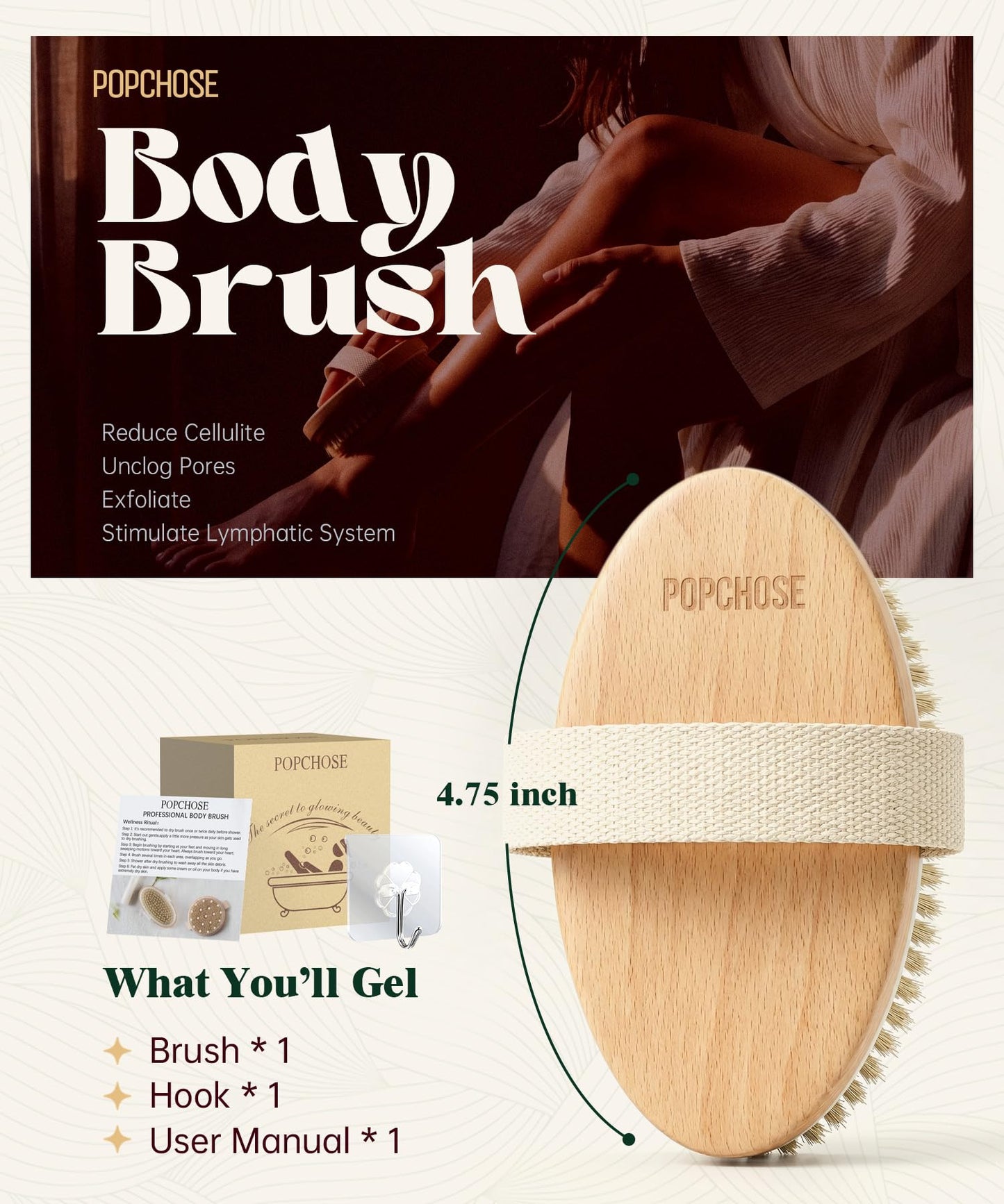 POPCHOSE Dry Brushing Body Brush, Natural Bristle Dry Skin Exfoliating Brush Body Scrub for Flawless Skin, Cellulite Reduction, Lymphatic Drainage Beauty and Personal Care POPCHOSE