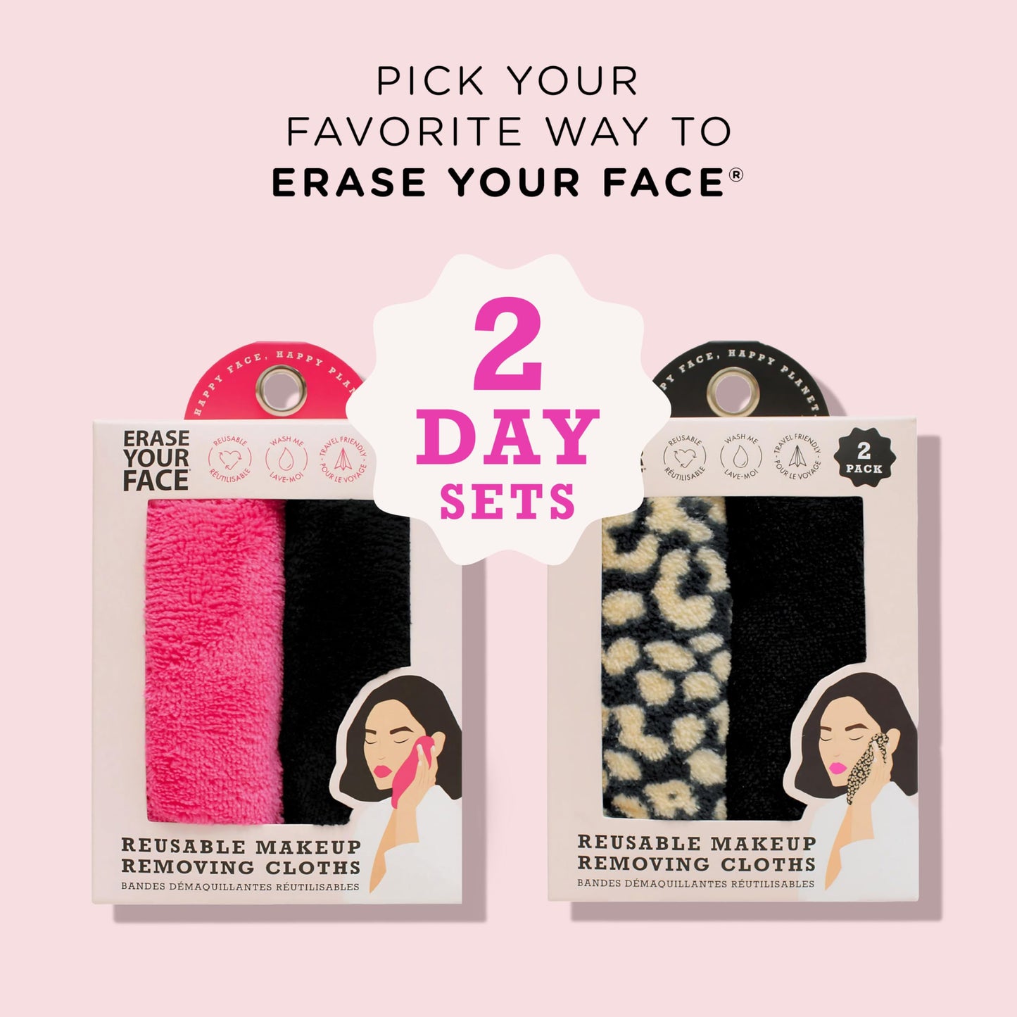 ERASE YOUR FACE Reusable Makeup Remover Cloths - Microfiber Face Towels to Cleanse & Remove Makeup - Water Activated for Sensitive Skin - Pink & Black Beauty & Personal Care ERASE YOUR FACE