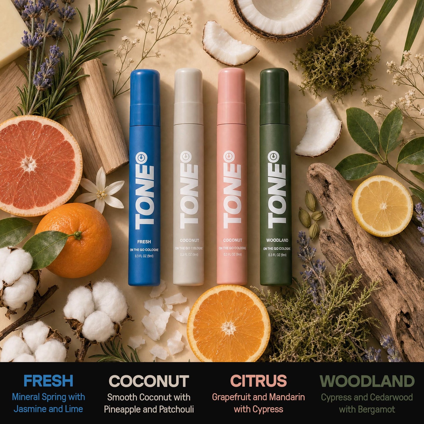 TONE 4 Piece On-The-Go Cologne Sample Pack for Men & Women, Multi-Layered, Light Cologne, Travel Size, 4 Premium Scents - Fresh, Citrus, Coconut Beauty & Personal Care TONE Exclusive