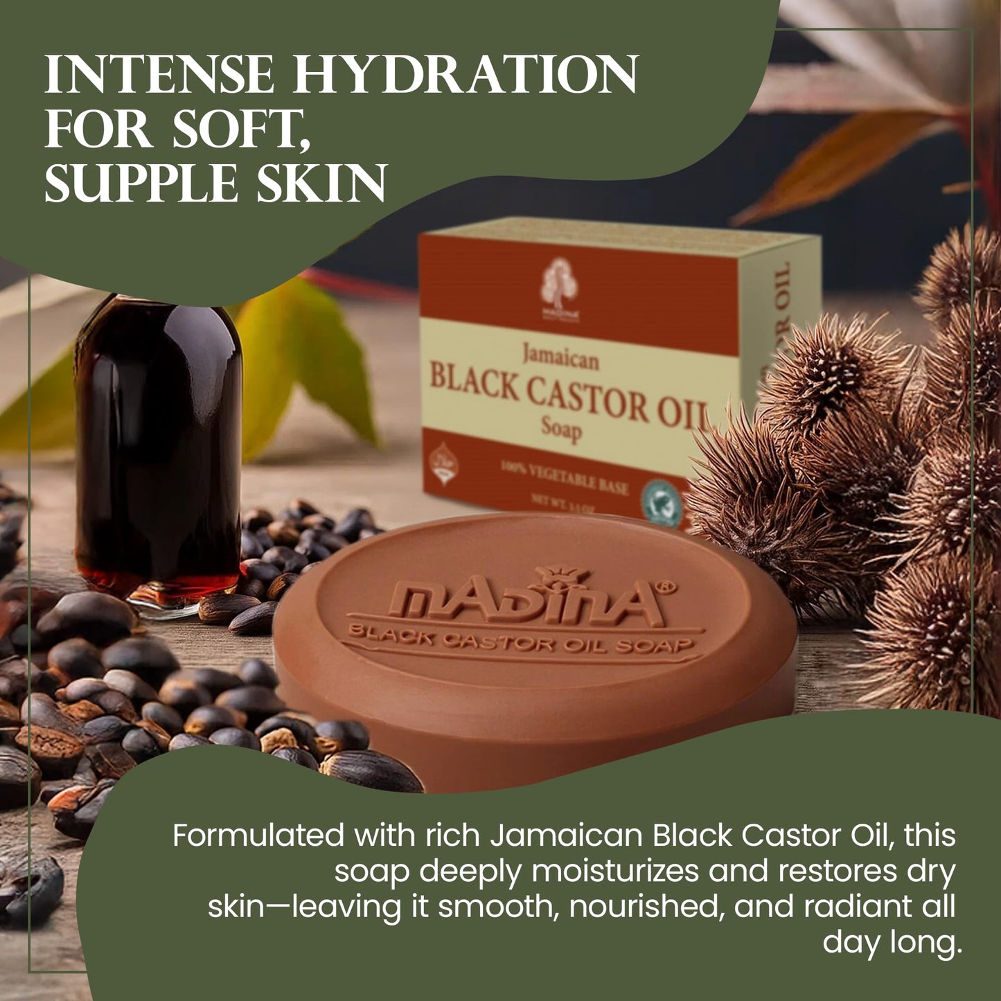 Madina Jamaican Black Castor Oil Soap Bar - Deep Moisturizing, Hydrating, 100% Vegetable-Based, Halal & RSPO Certified, Gentle Cleanser for All Skin Beauty & Personal Care Madina