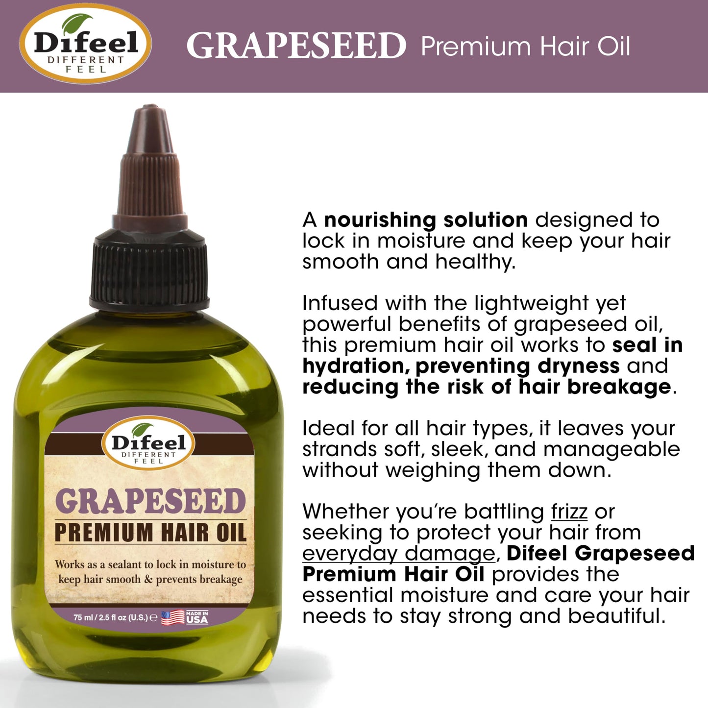 Difeel Grapeseed Premium Hair Oil 2.5 oz. - Natural Grapeseed Oil for Hair Beauty & Personal Care Difeel