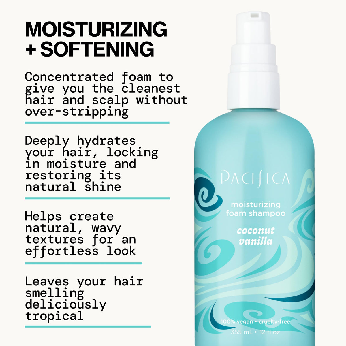 Pacifica Coconut Vanilla Moisturizing Foam Shampoo - Hydrating Foaming Shampoo for Dry, Dull or Damaged Hair, Lightweight Lather, Sulfate-Free Clean