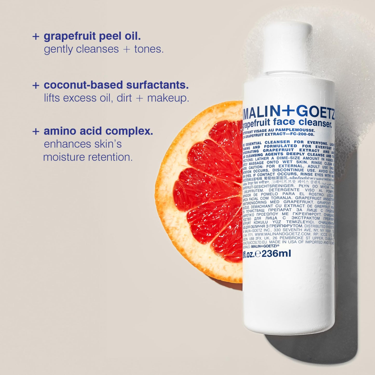 MALIN+GOETZ Grapefruit Face Cleanser | Gentle 3-in-1 Foaming Gel Vitamin-Rich Grapefruit, Amino Acids + Coconut-Based Surfactants | Purifies, Balances Beauty & Personal Care MALIN+GOETZ