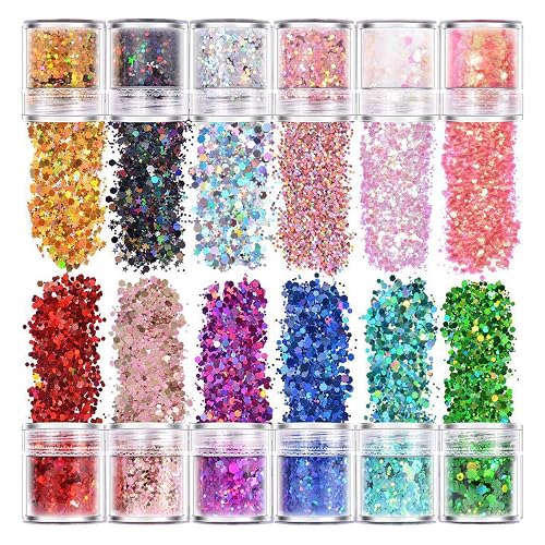 12 Jars Glitter for Body Face Hair Eye Party Beauty Makeup Temporary Tattoos 12 Colors Eyeshadow Nail Art Pigment Glitter (12) Beauty & Personal Care Khakho