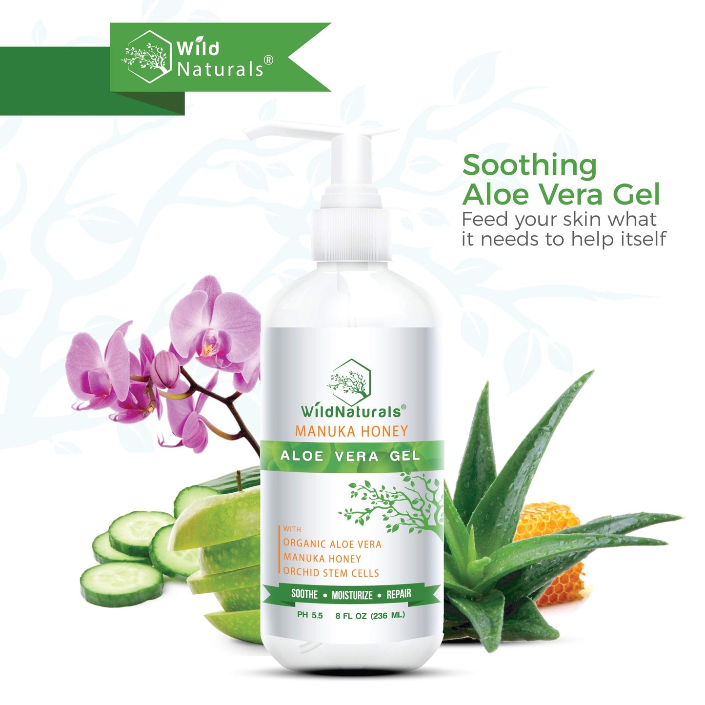Wild Naturals 100% Pure Aloe Vera Gel with Manuka Honey - Organic Gel for Sunburn Relief, Acne, Scars & Dry Scalp - Moisturizing Gel for Face, Hair Beauty & Personal Care Wild Naturals