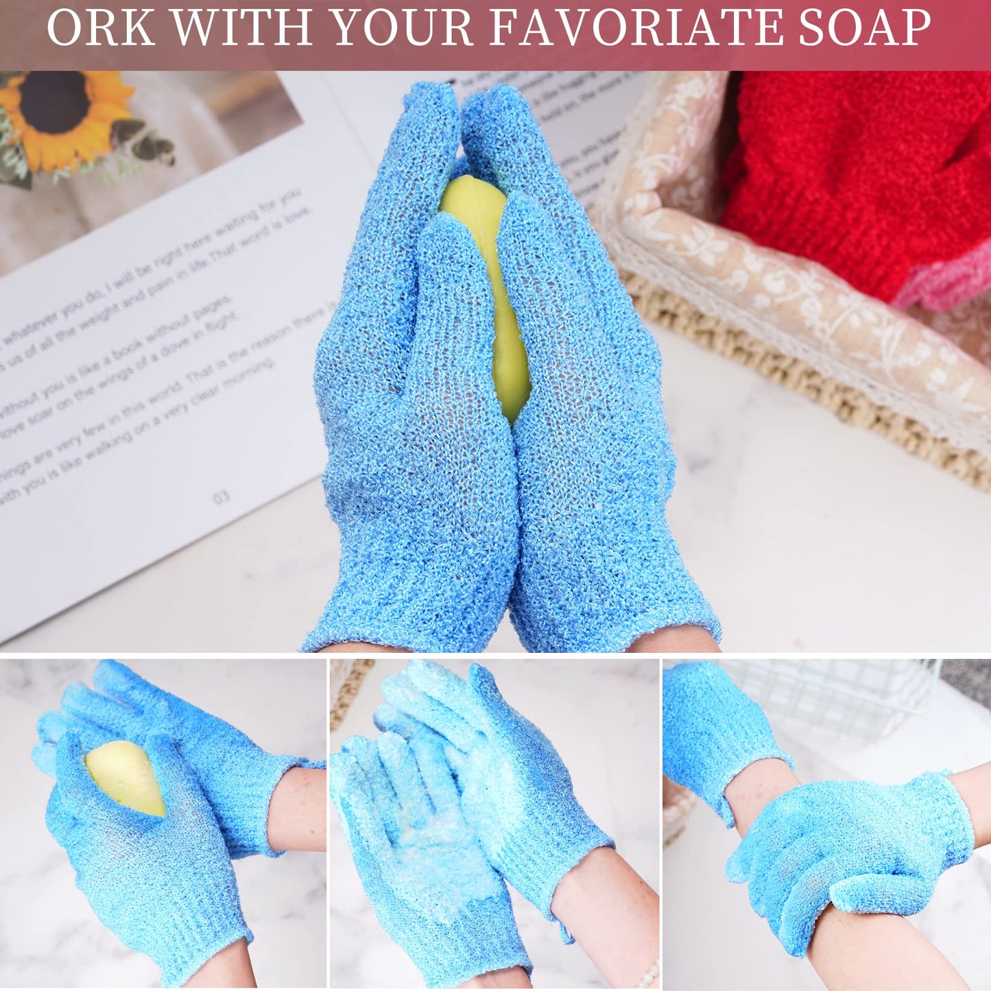 4 Pairs Bath Exfoliating Gloves Scrub, Double Sided Bath Mitts Scrubs for Shower, Exfoliating Shower Mitt Body Scrubber Glove, Bathing Accessories Beauty and Personal Care Ishua