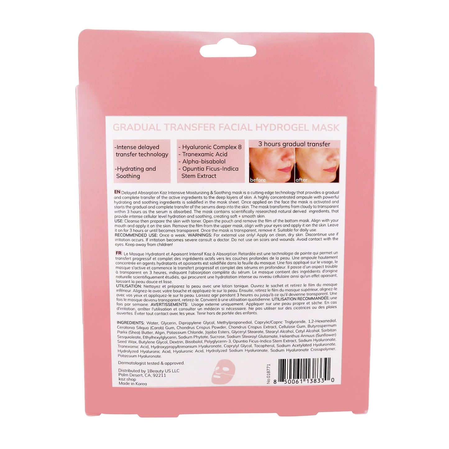 Waxness Kaz Gradual Transfer Facial Hydrogel Mask Hydrating Face Mask with Hyaluronic Acid & Niacinamide 1.05 oz (30 g), 4 Pack - Professional Skin Beauty and Personal Care Waxness