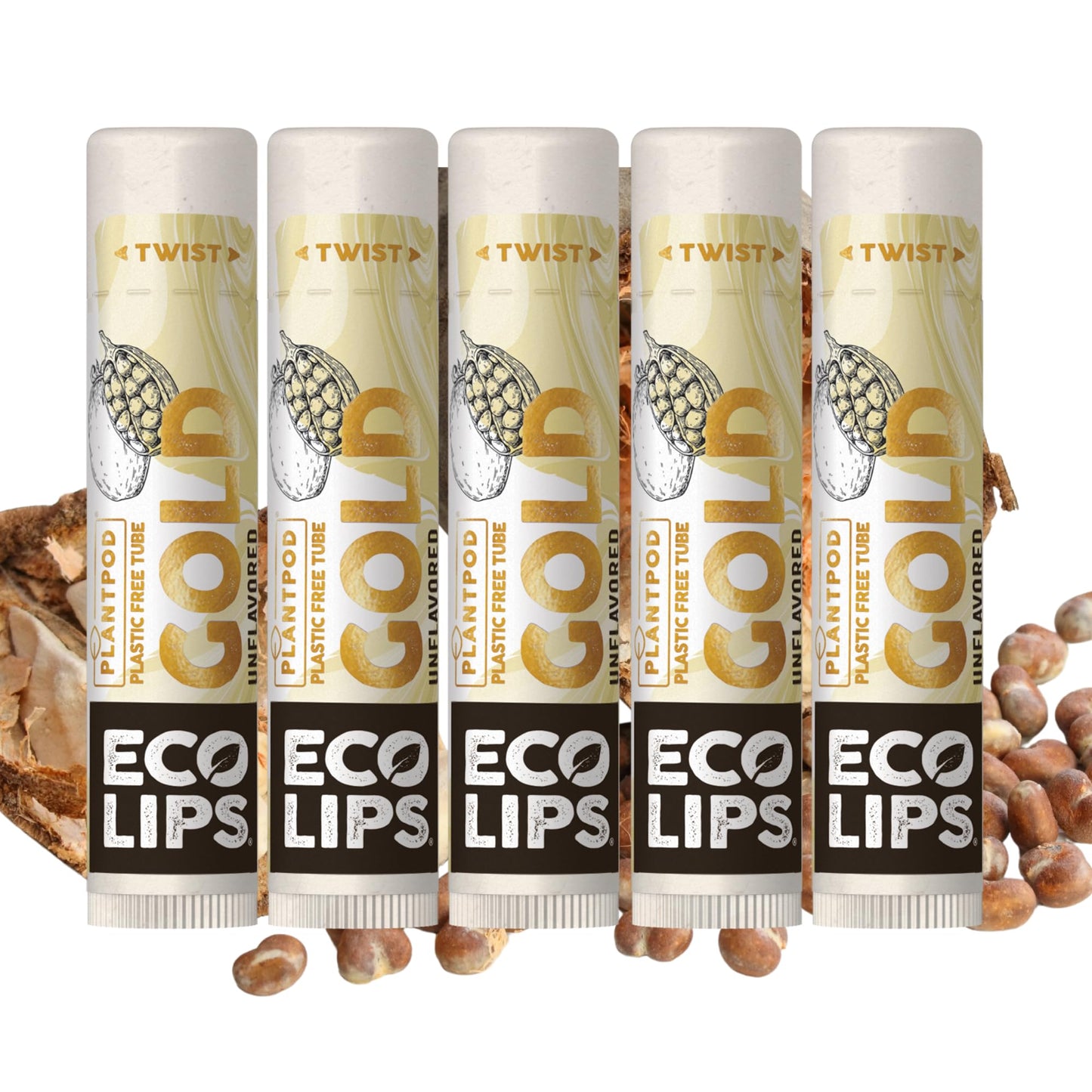 Eco Lips GOLD Organic Lip Balm with Baobab Oil - Soothe and Moisturize Dry, Cracked and Chapped Lips - 100% Plastic-Free Plant Pod Packaging (6 Tubes) Beauty & Personal Care Eco Lips