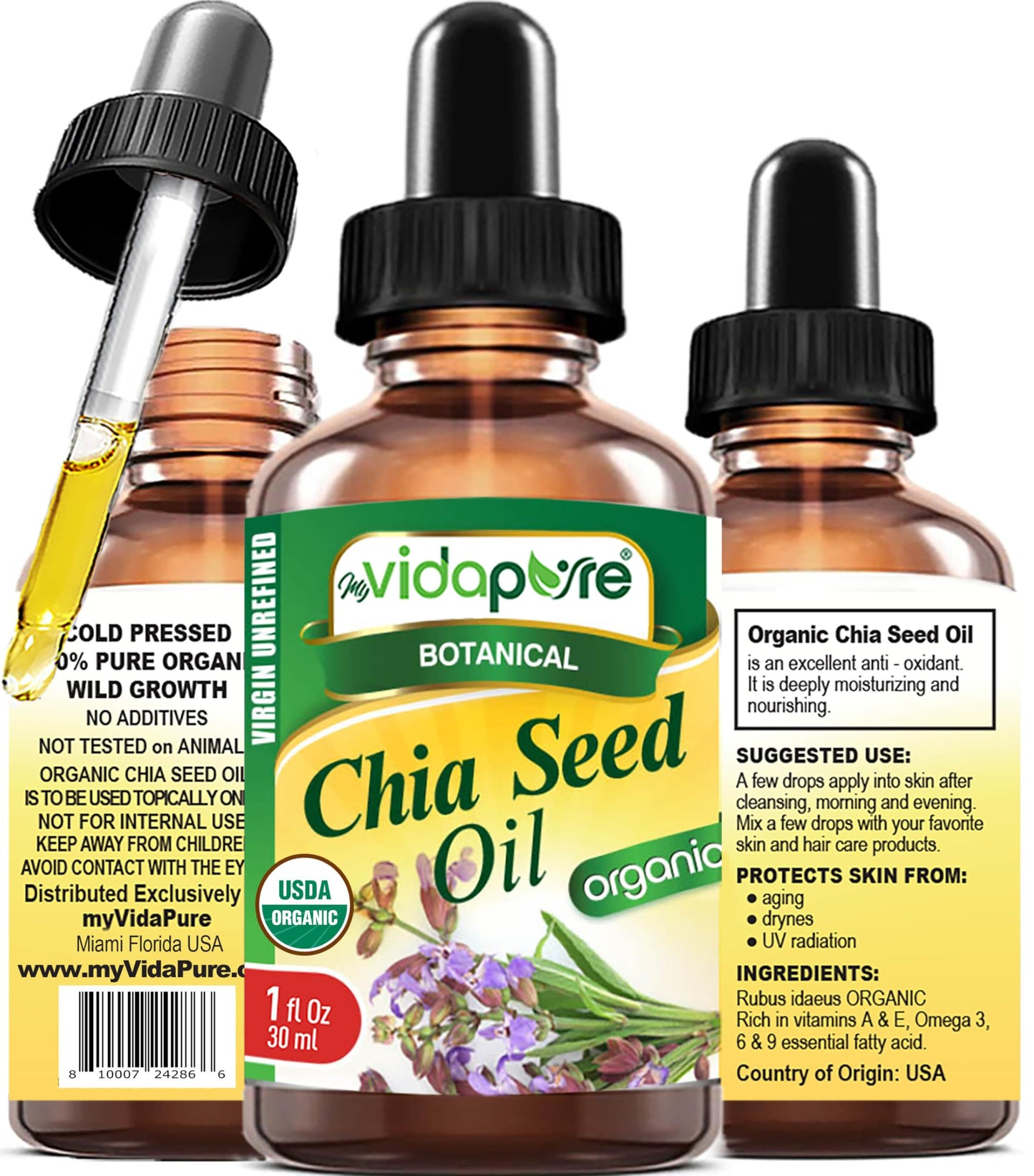 MYVIDAPURE Organic CHIA SEED OIL Certified Organic 100% Natural Pure VIRGIN UNREFINED Undiluted Cold Pressed Carrier Oil for Face Skin Body Hair Lip Beauty & Personal Care MYVIDAPURE
