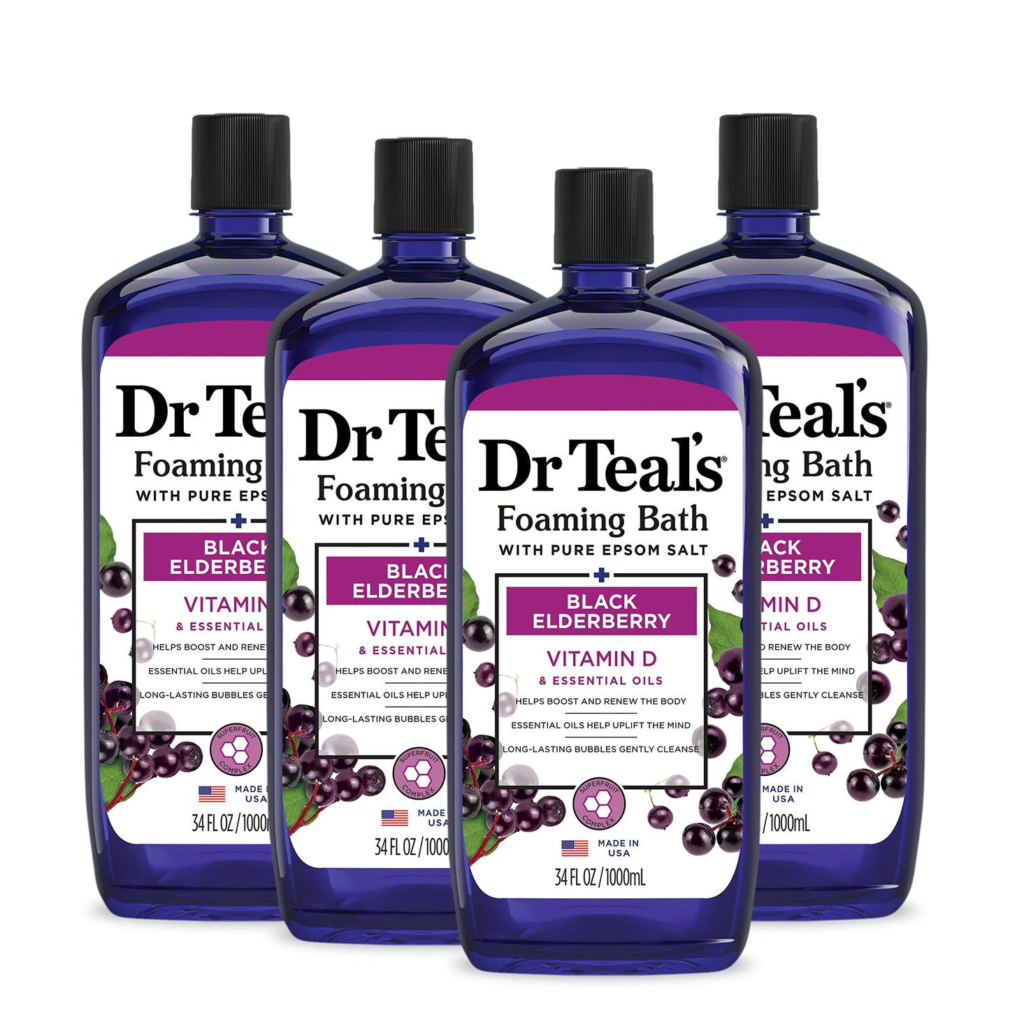 Dr Teal's Foaming Bath with Pure Epsom Salt, Black Elderberry with Vitamin D, 34 fl oz (Pack of 4) Beauty & Personal Care Dr Teal's